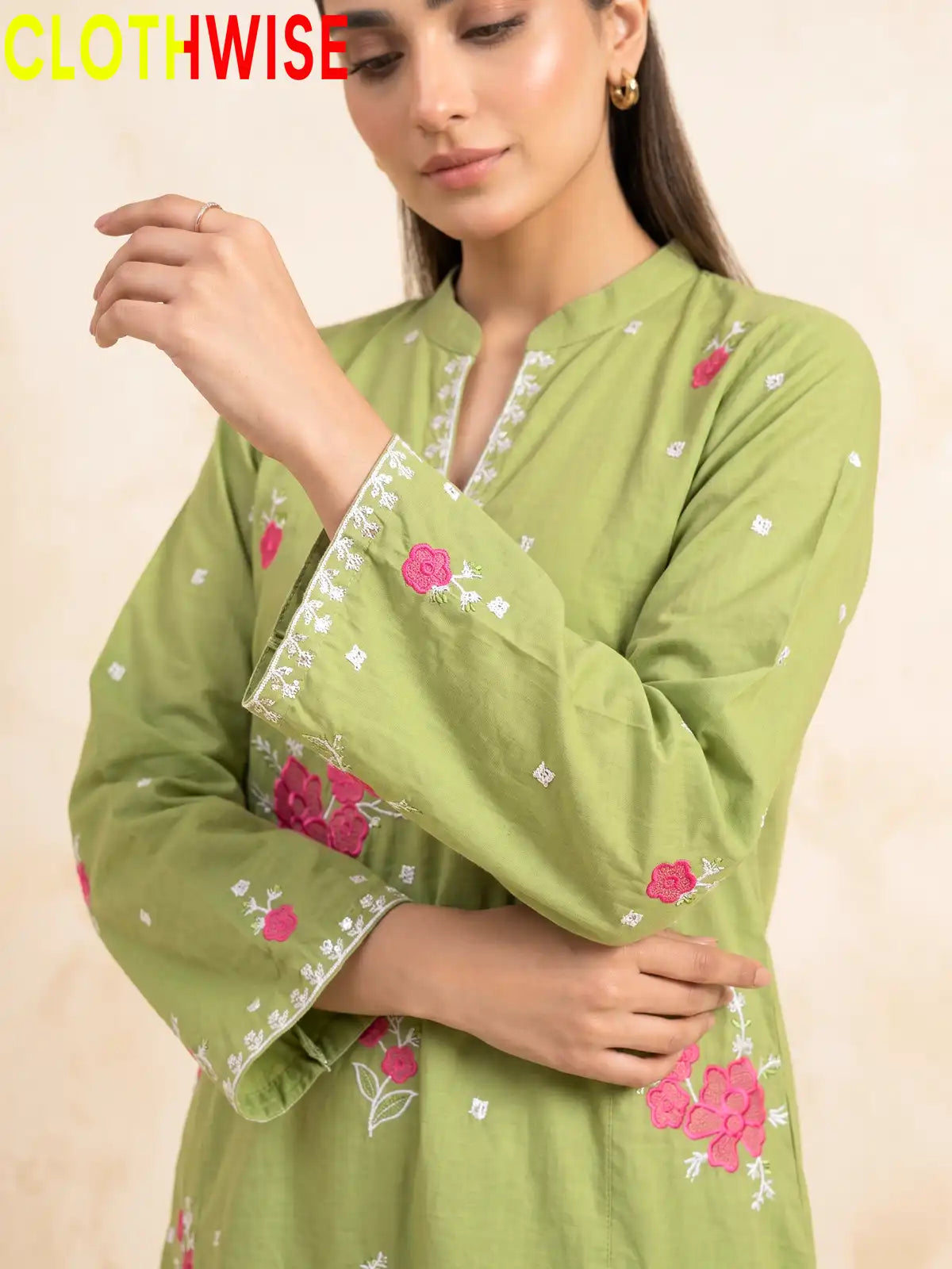 Marias Sage Green embroidered co-ord set - sleeves closeup - CLOTHWISE