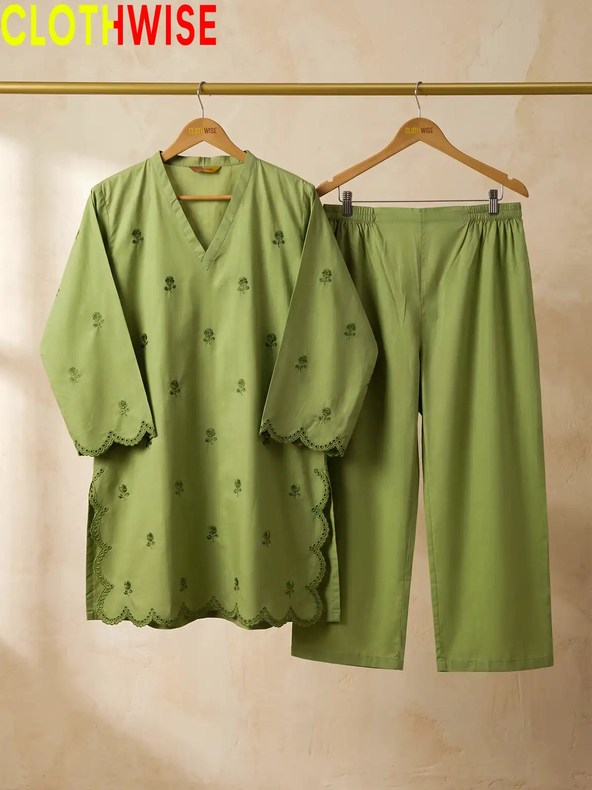 Mehr Sage Green embroidered 2-piece cotton suit - hanger view