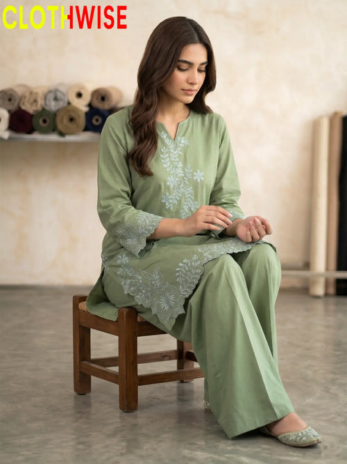 Gulkari chikankari embroidered cotton co-ord set in Sage Green - sitting view