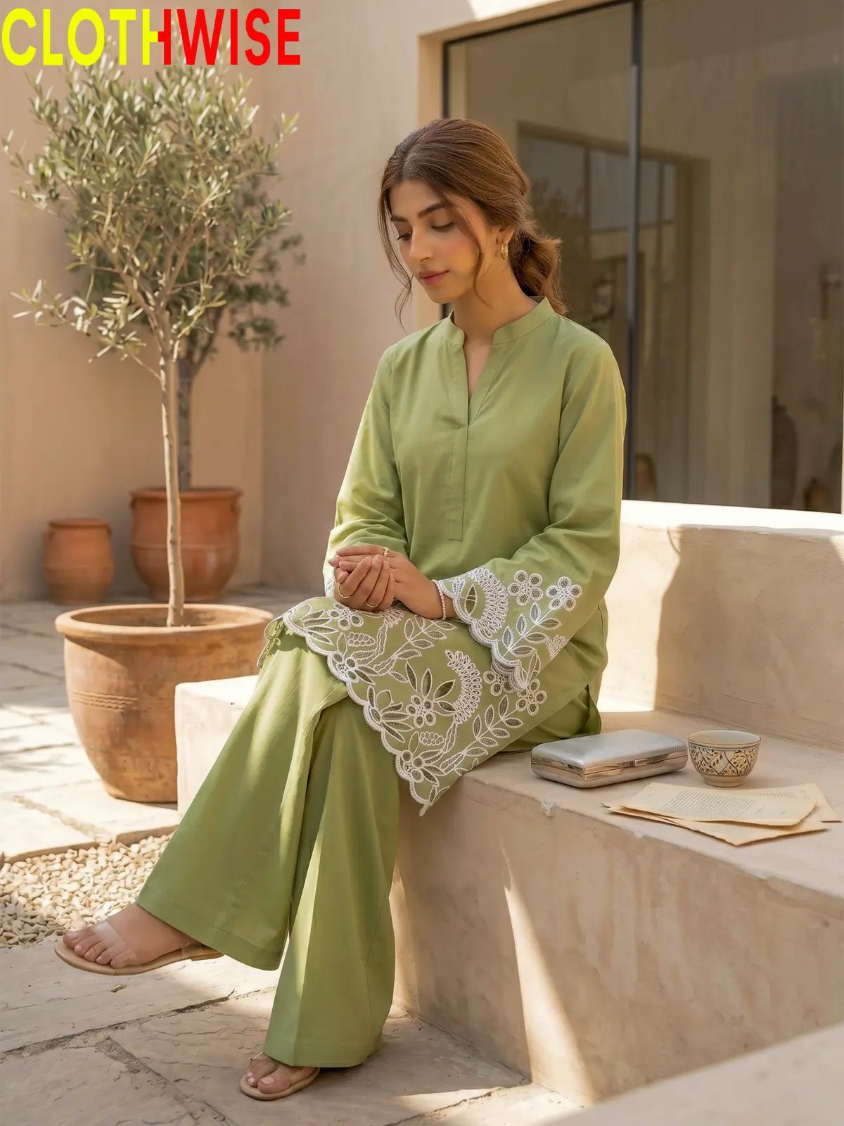 Flora Reign Sage Green - 2 Pc Embroidered Cotton Co-ord Suit - Pakistani Women Pret | CLOTHWISE