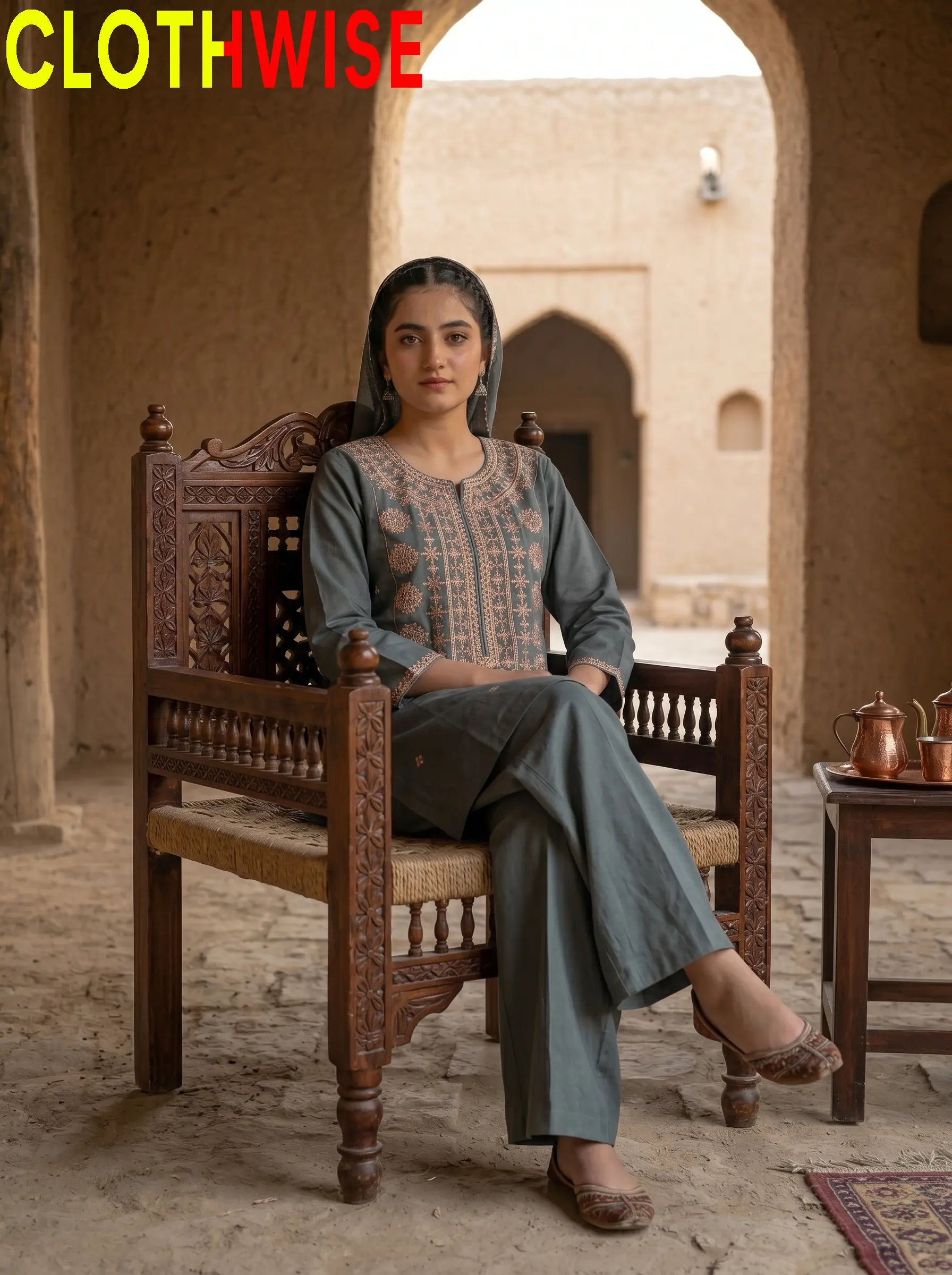 Dasht Sage Green 2-Piece Embroidered Cotton Suit Sitting View – Clothwise