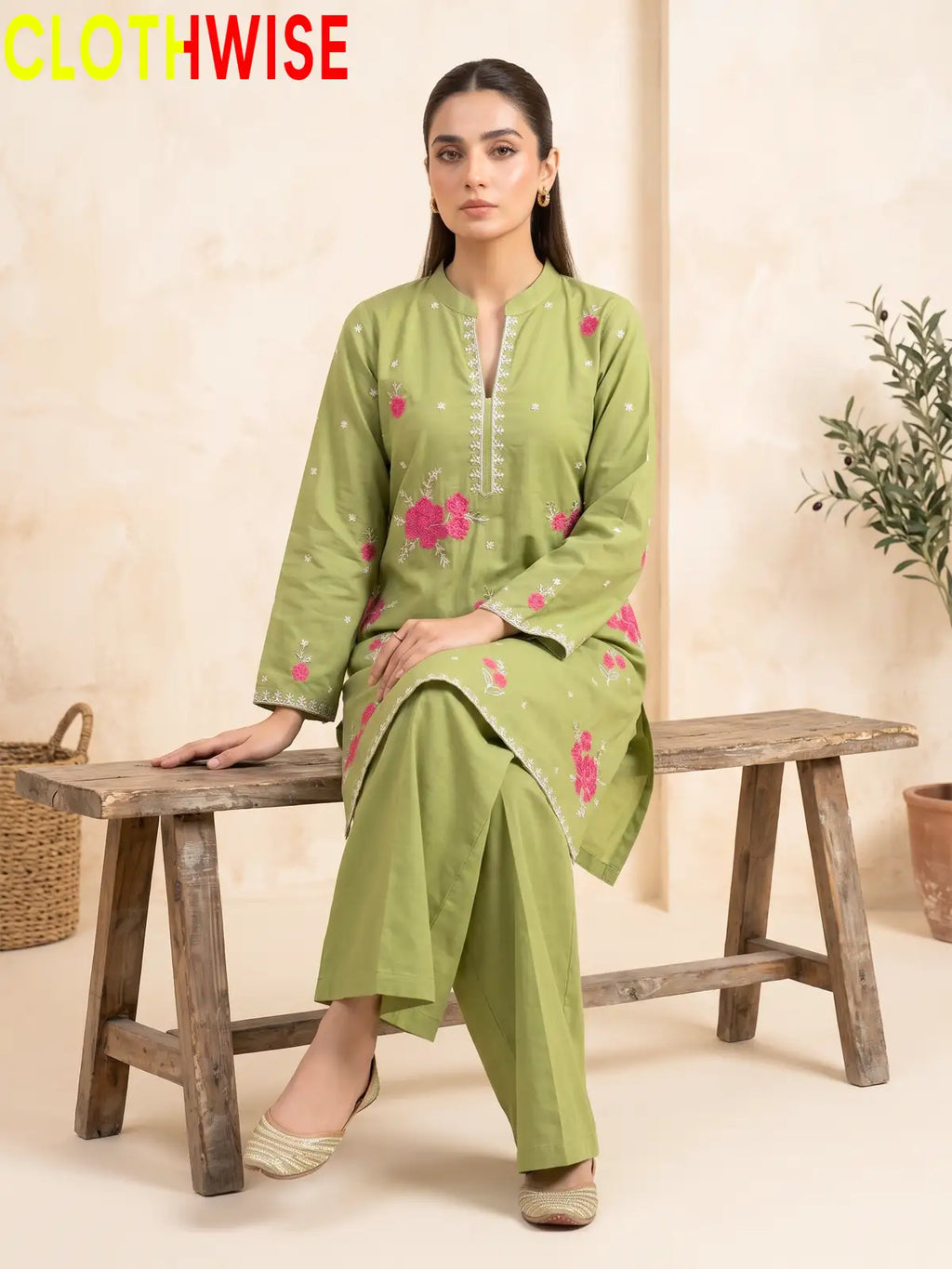 Marias Sage Green embroidered co-ord set - sitting - CLOTHWISE