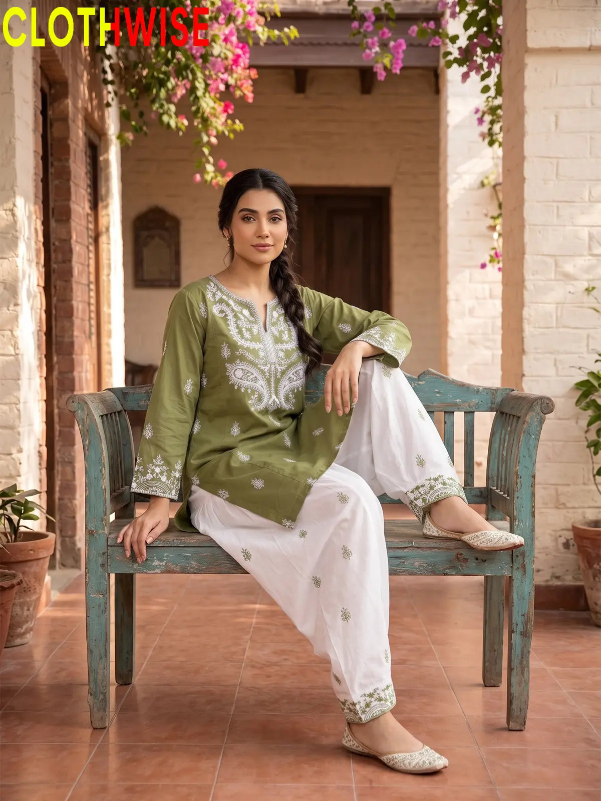 Mushq Sage Green 2-piece cotton suit sitting pose