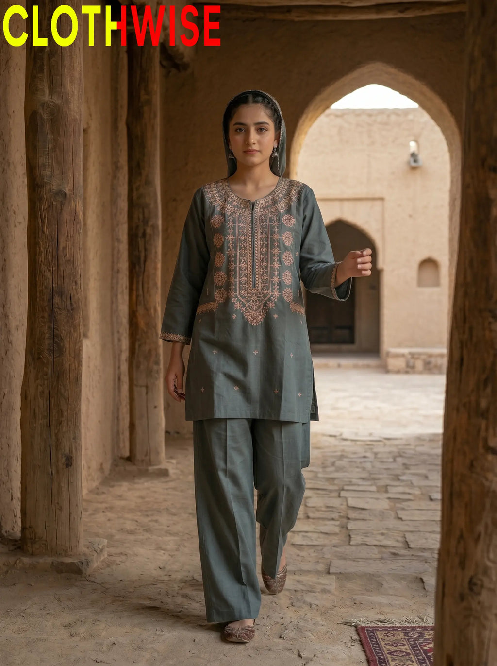 Dasht Sage Green 2-Piece Embroidered Cotton Suit Standing View – Clothwise