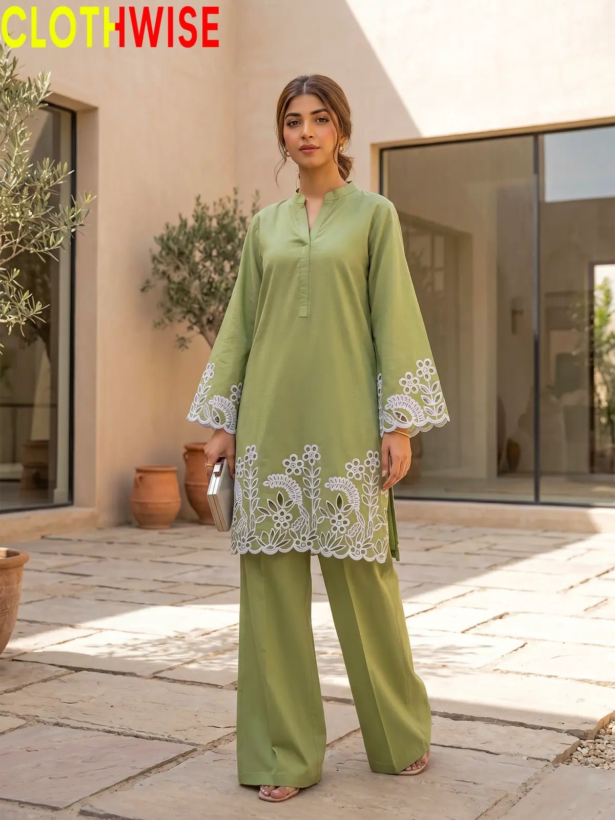 Flora Reign Sage Green - 2 Pc Embroidered Cotton Co-ord Suit - Pakistani Women Pret | CLOTHWISE