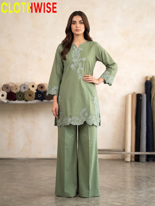 Gulkari Chikankari Embroidered Cotton Co-ord Set – Sage Green | Stitched 2-Piece Suit - Pakistani Women Pret | CLOTHWISE