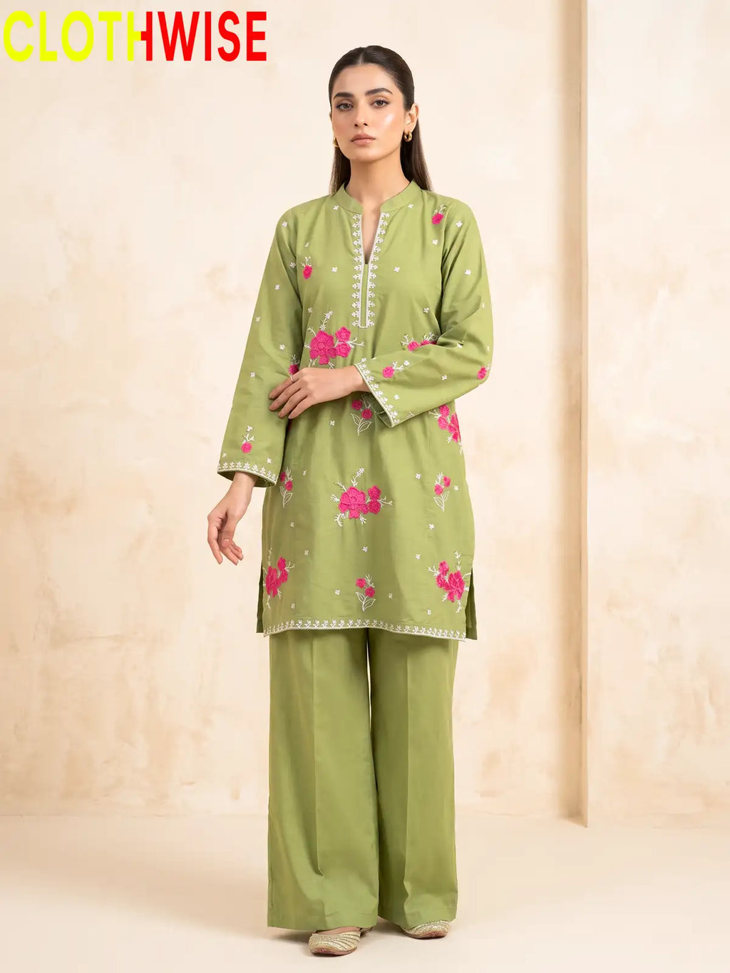 Marias Sage Green embroidered co-ord set - standing - CLOTHWISE