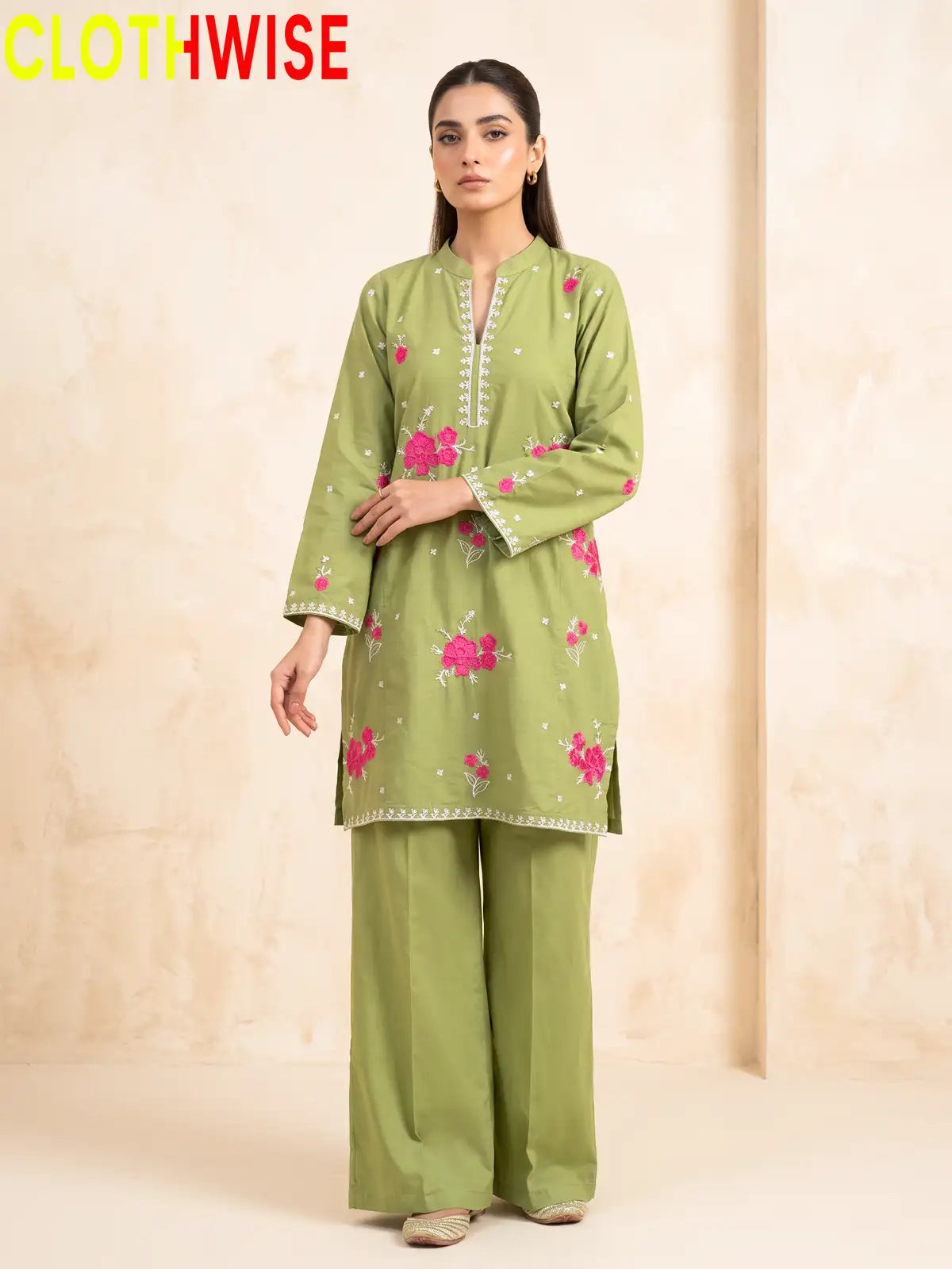 Marias Sage Green embroidered co-ord set - standing - CLOTHWISE