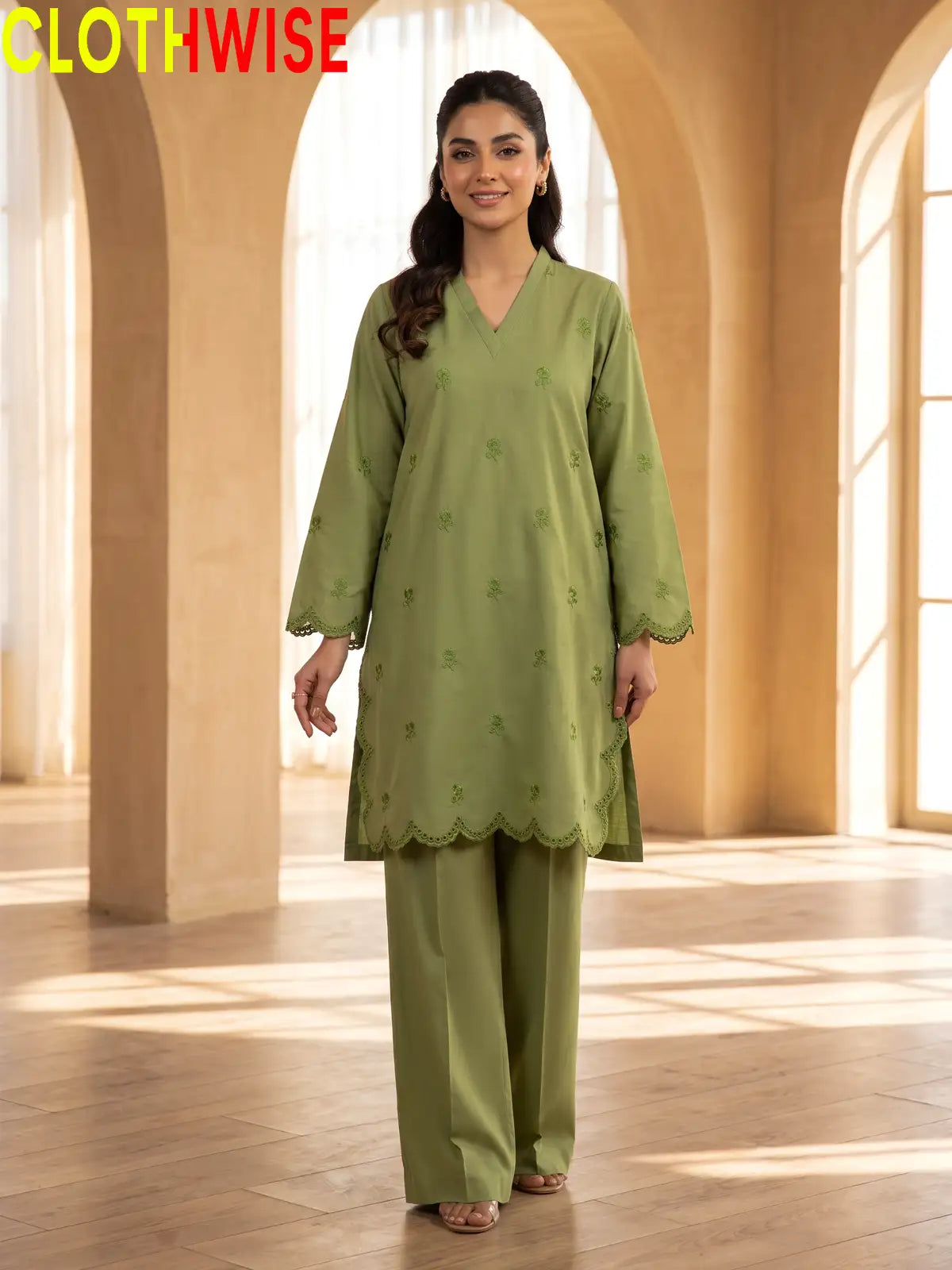 Mehr Sage Green embroidered 2-piece cotton suit - standing view