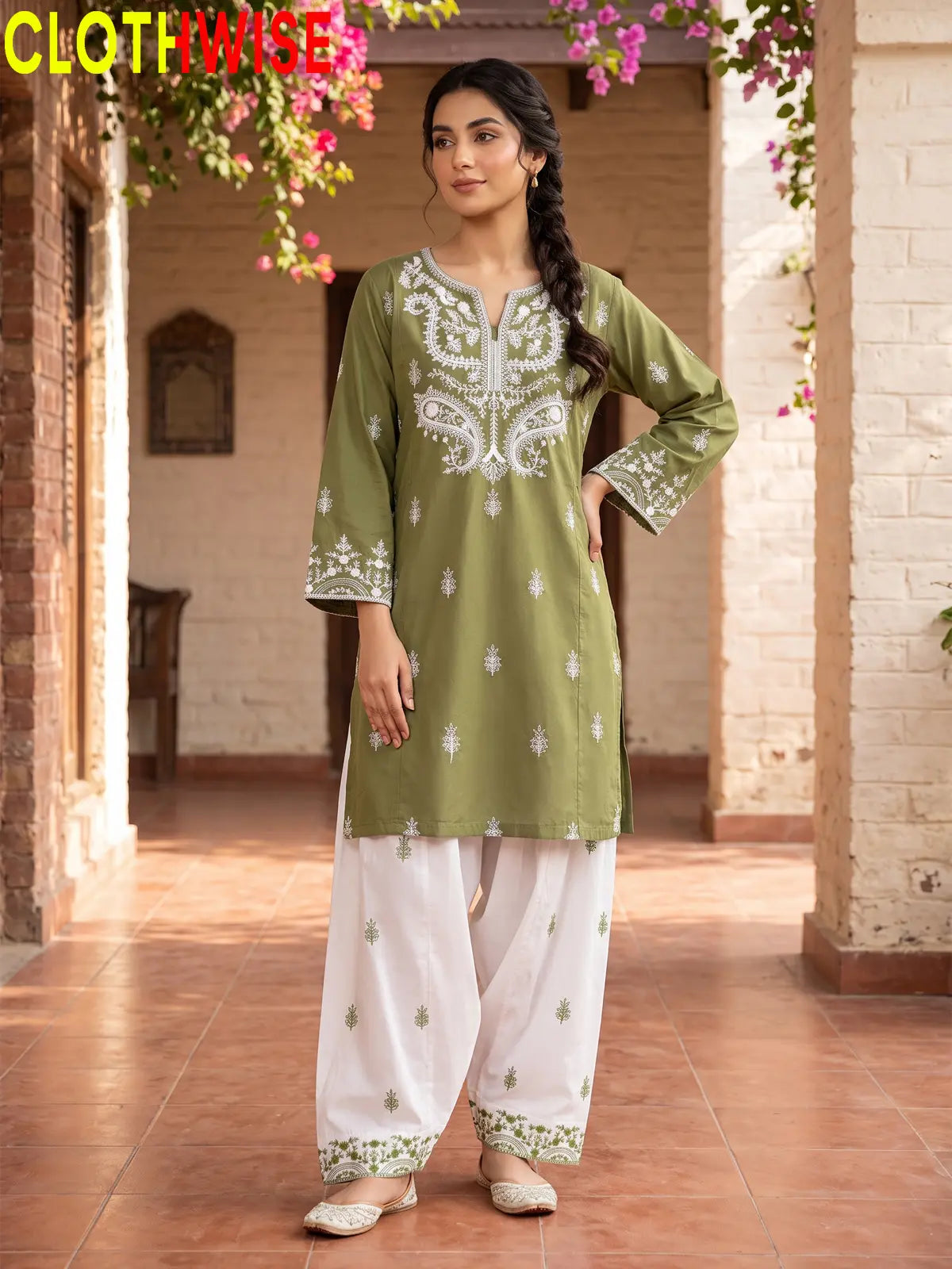 Mushq Sage Green 2-piece cotton suit standing pose