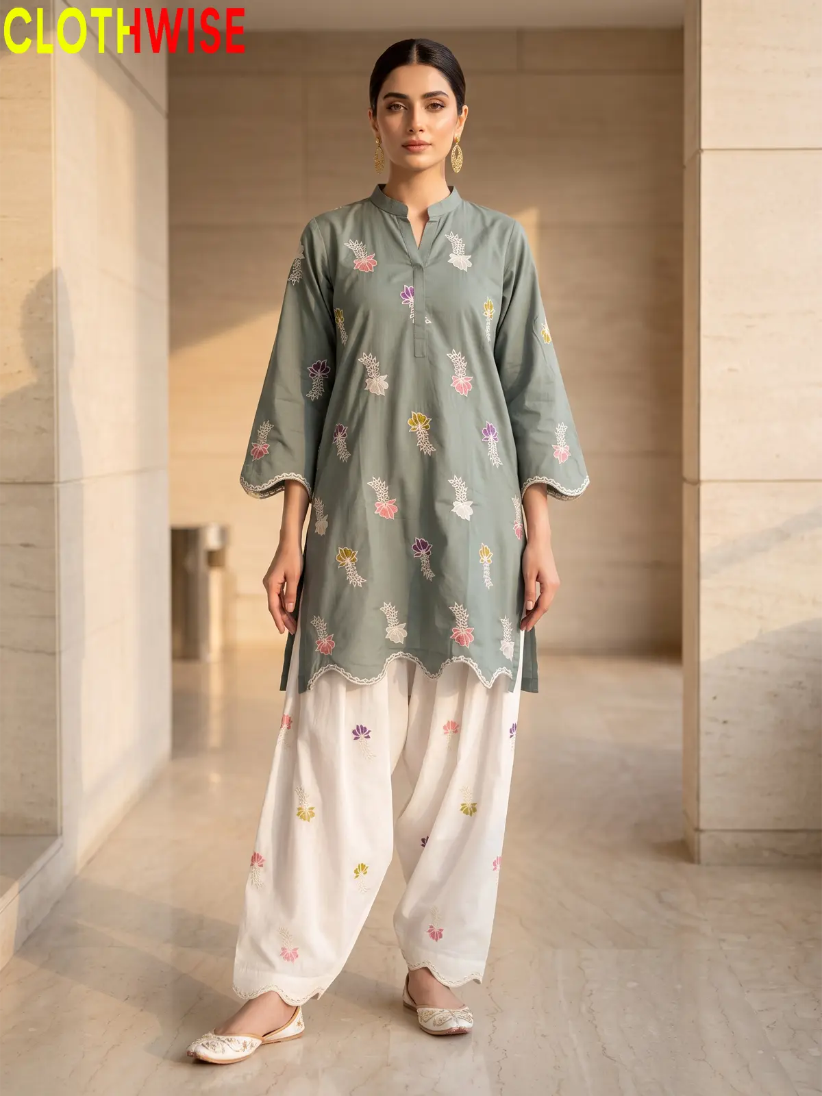 Khushi embroidered cotton suit in Sage Green - standing view