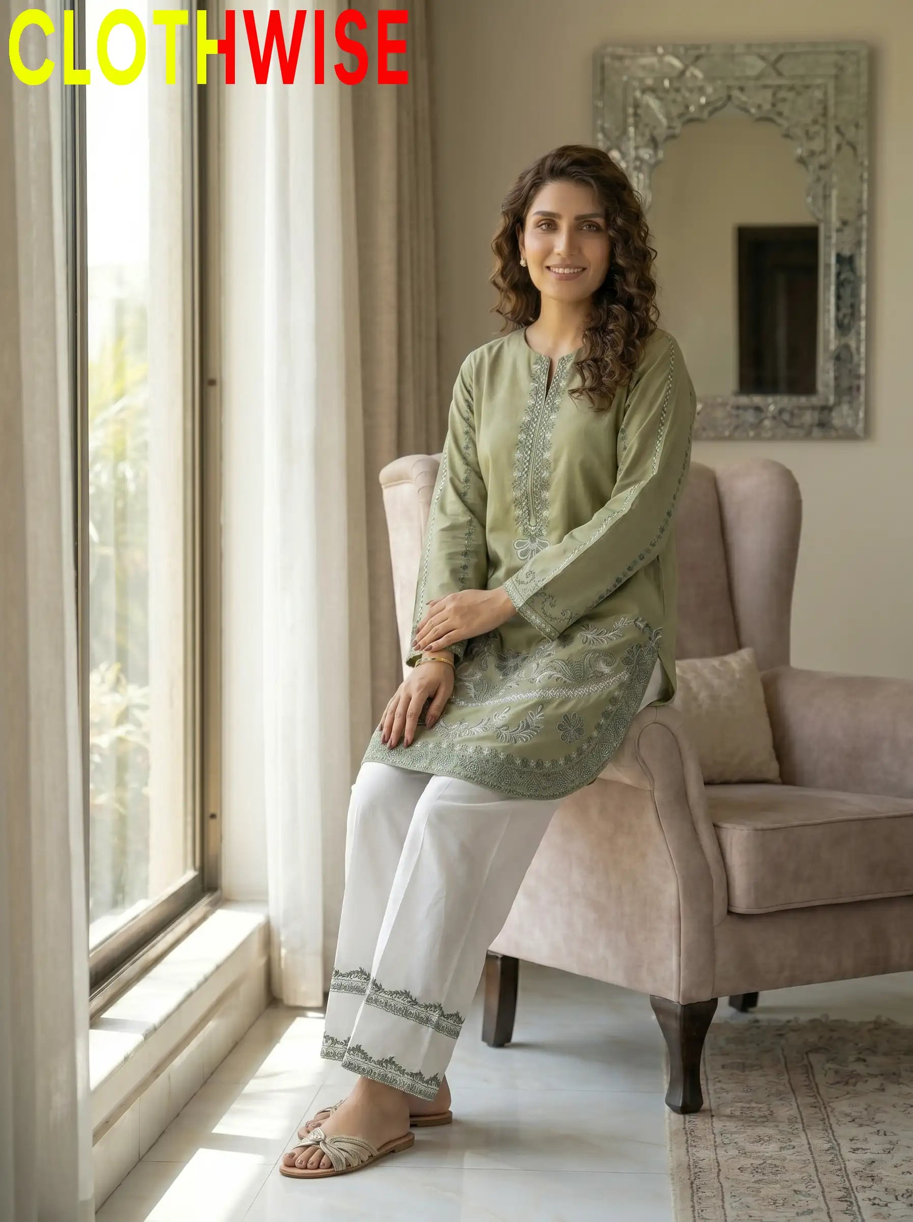 Naqsh Sage Bottom Flapper Cotton Suit Sitting Pose - Clothwise