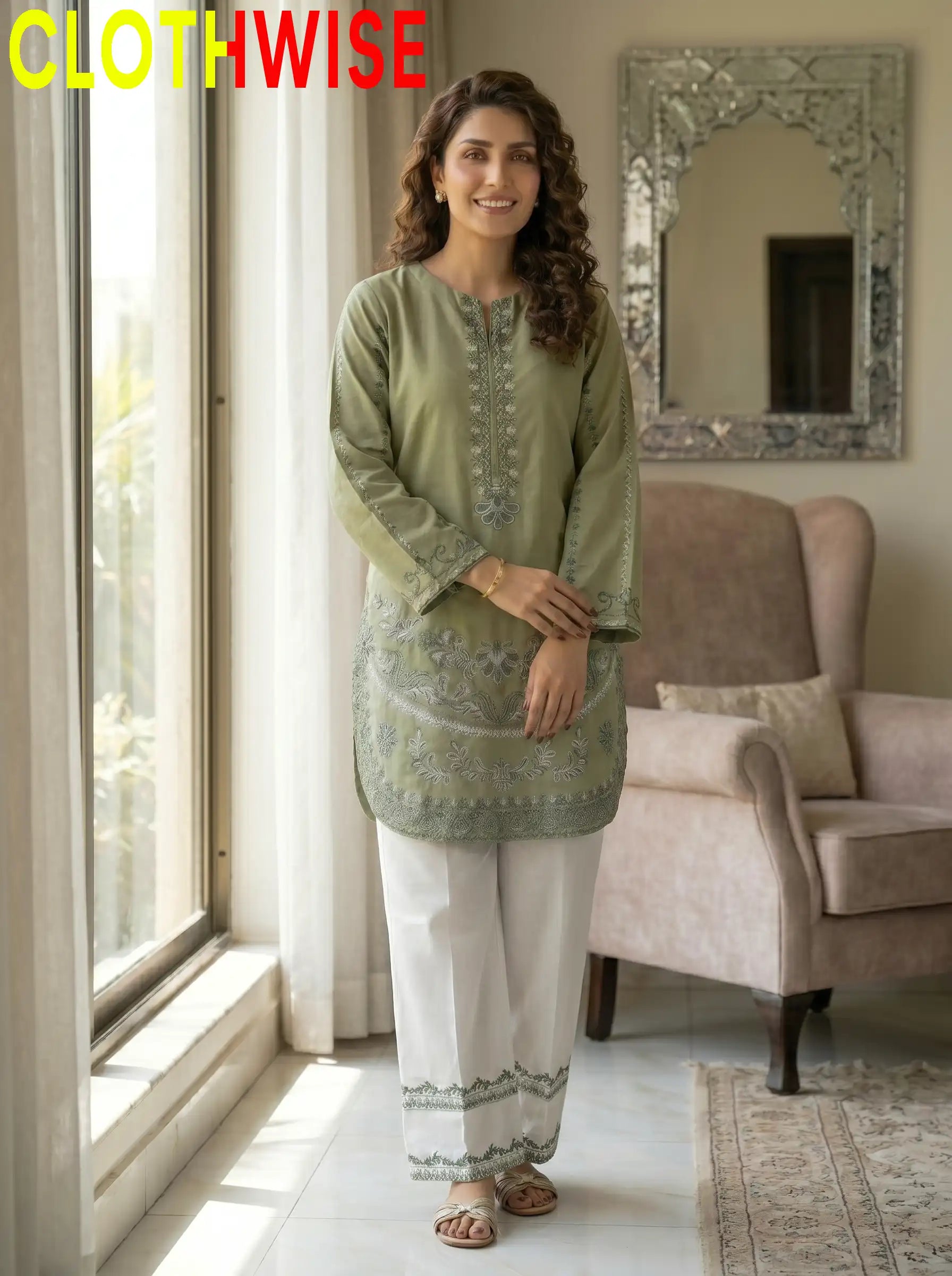Naqsh Sage 2-Piece Stitched Cotton Suit Standing - Clothwise