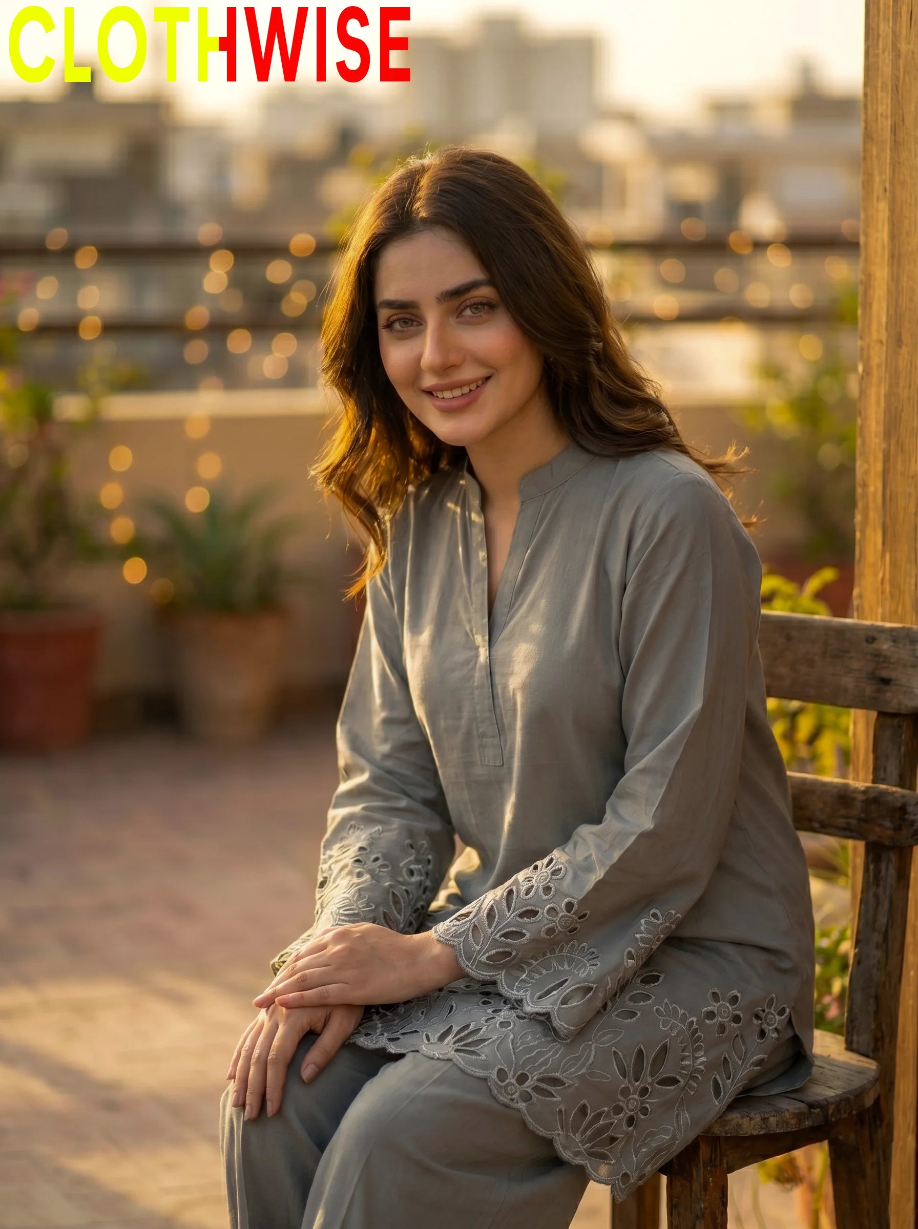 Woman sitting on a wooden chair outdoors with 'CLOTHWISE' branding.