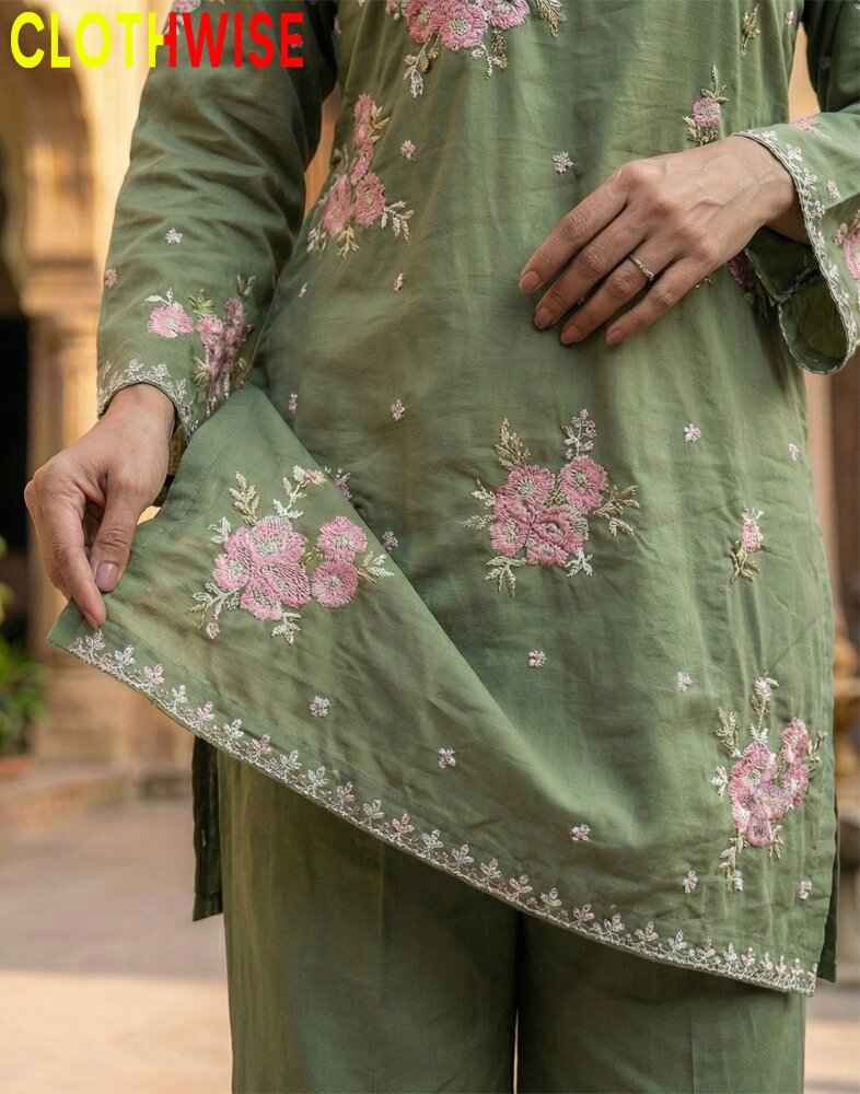 Marias - Sage Green Floral Embroidered Cotton Co-ord Set | Kurti & Palazzo | Clothwise - Pakistani Women Pret | CLOTHWISE