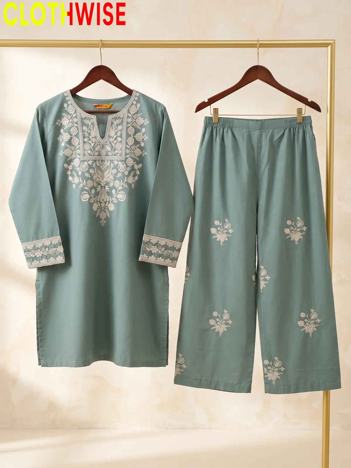 Ebony – Embroidered Cotton Kurta with Embroidered Wide-Leg Palazzo | 2Pc Suit