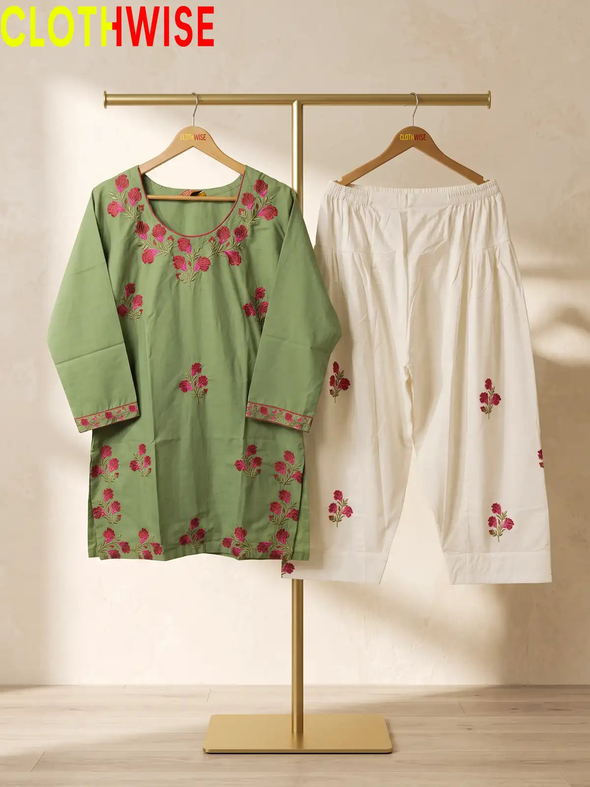 Ghulab Sage Green Embroidered Cotton 2 Piece Suit for Women