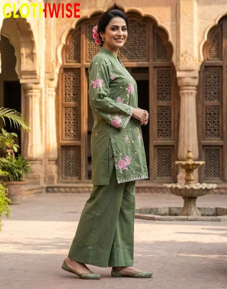 Marias - Sage Green Floral Embroidered Cotton Co-ord Set | Kurti & Palazzo | Clothwise - Pakistani Women Pret | CLOTHWISE