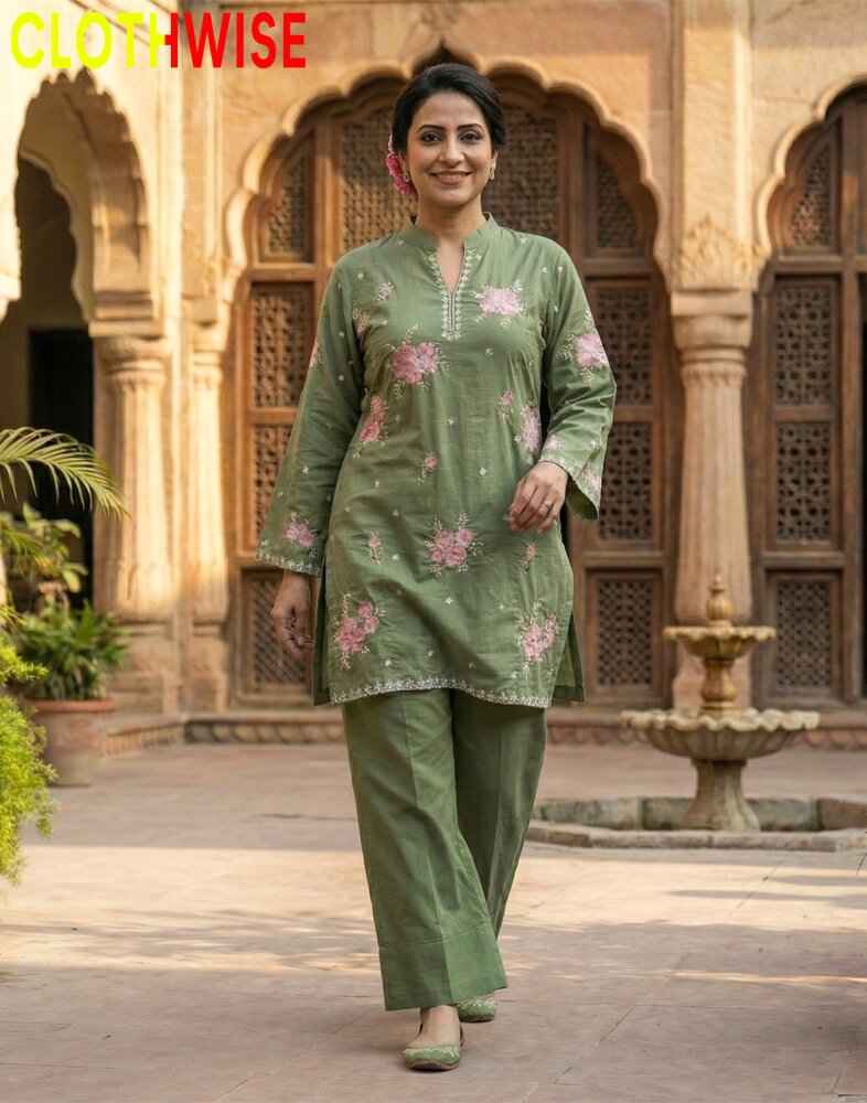 Woman wearing a green floral outfit standing in front of an architectural background with 'CLOTHWISE' branding.