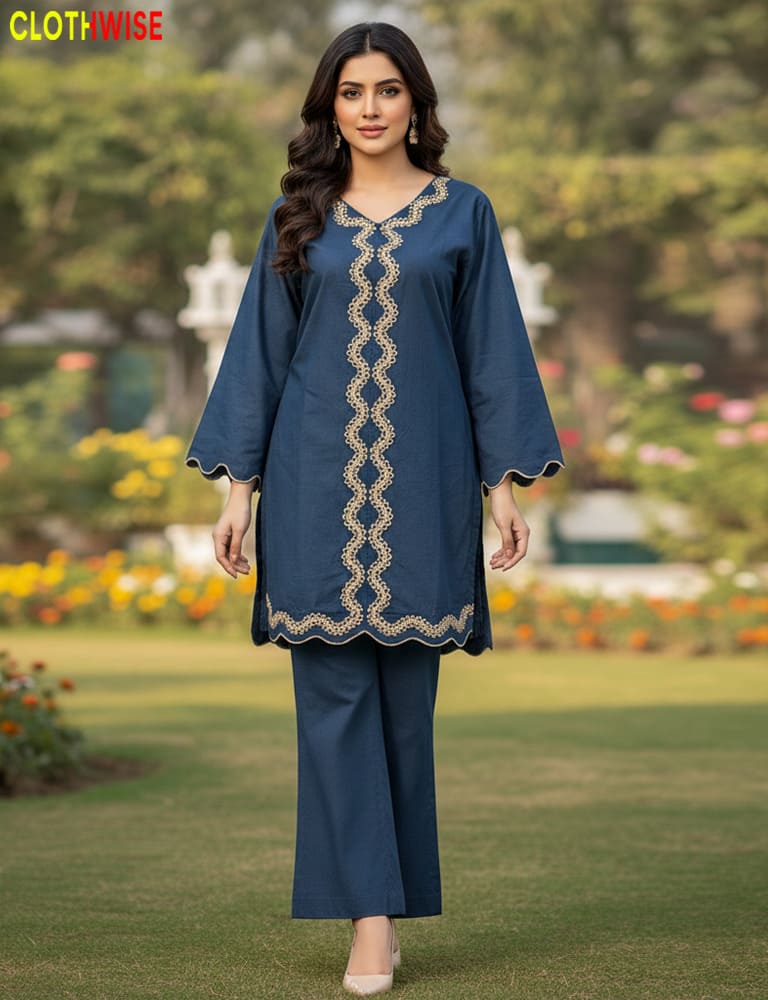 Woman wearing a blue outfit with gold embroidery in an outdoor setting