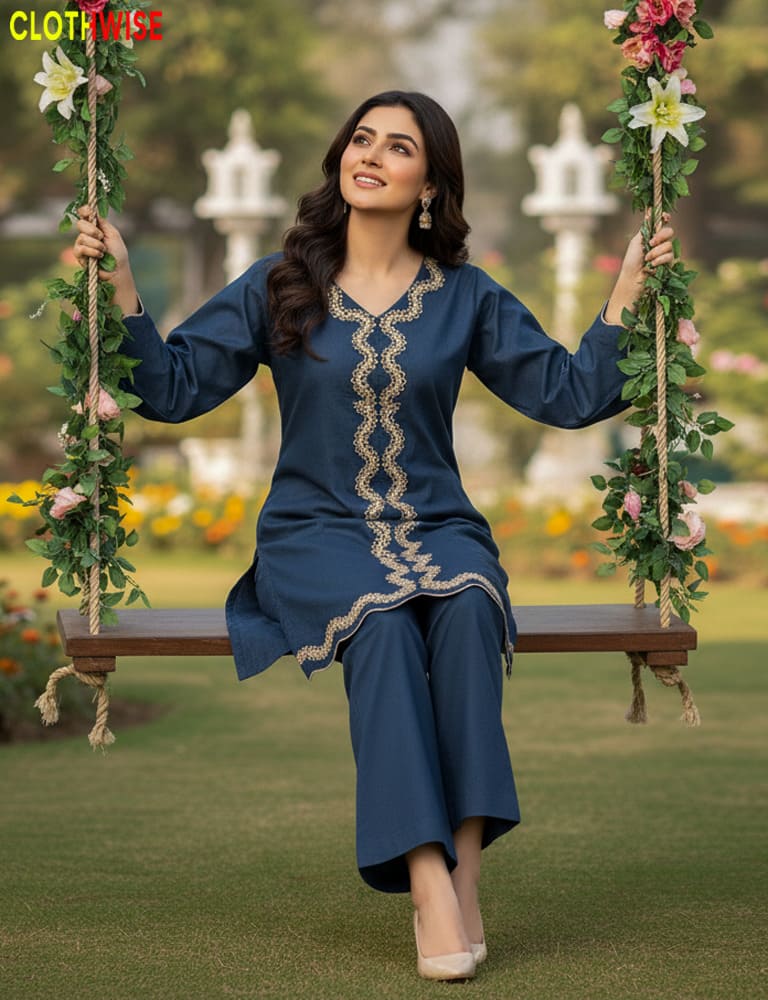 Woman in a blue traditional outfit sitting on a swing with floral decorations in a garden setting.