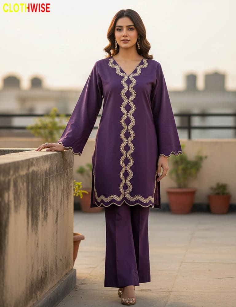 Woman wearing a purple outfit with lace details on a rooftop with plants and a cityscape in the background.