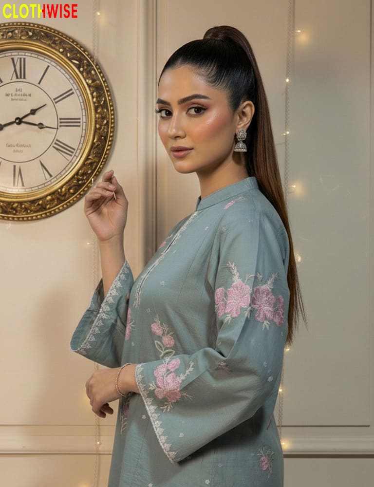 Marias - Sequence Embroidered Cotton Lgreen Co-ord Set by Clothwise