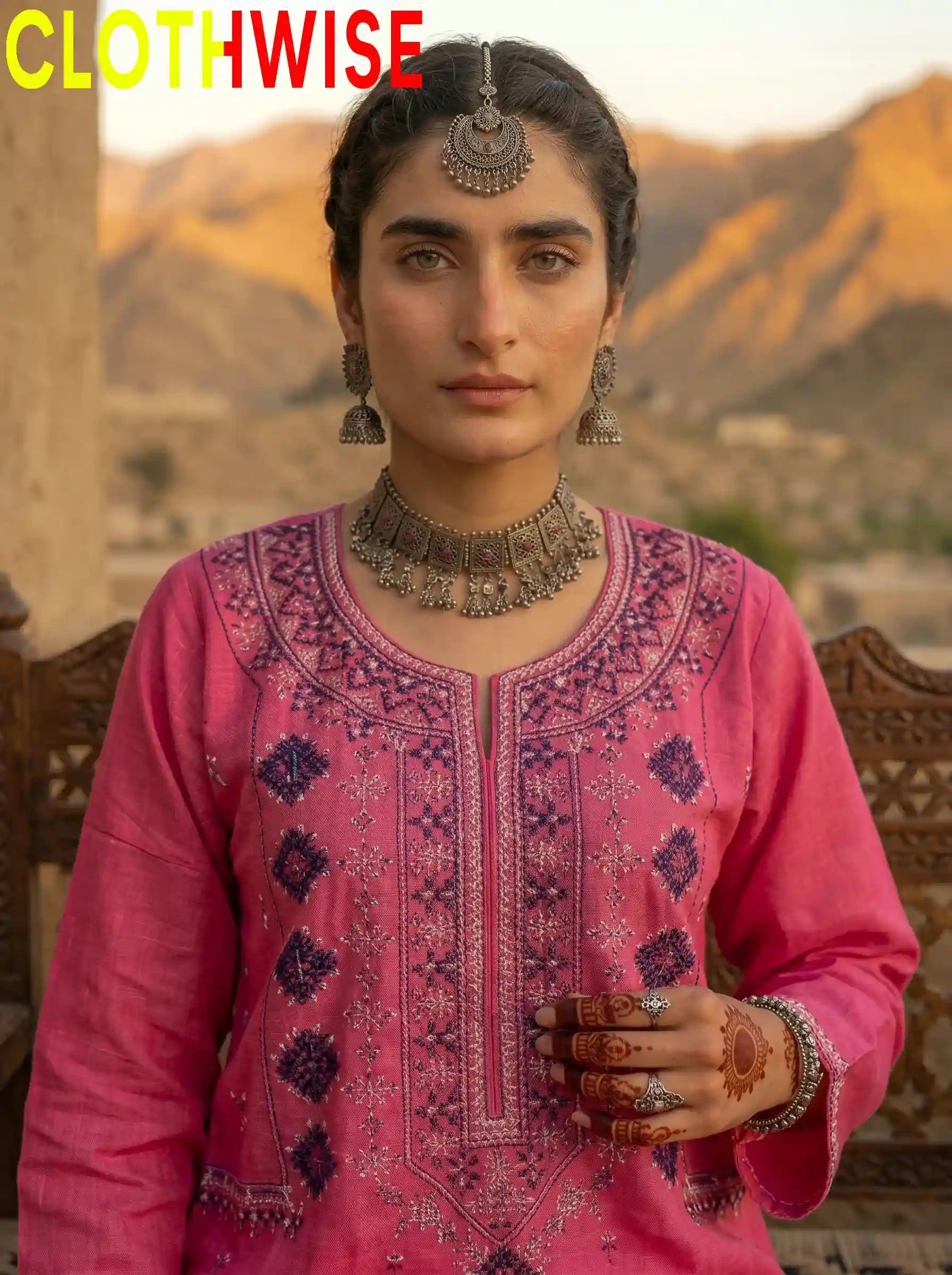 Dasht – Embroidered Top & Printed Flapper Cotton 2-Piece Suit | Shocking Pink - Pakistani Women Pret | CLOTHWISE