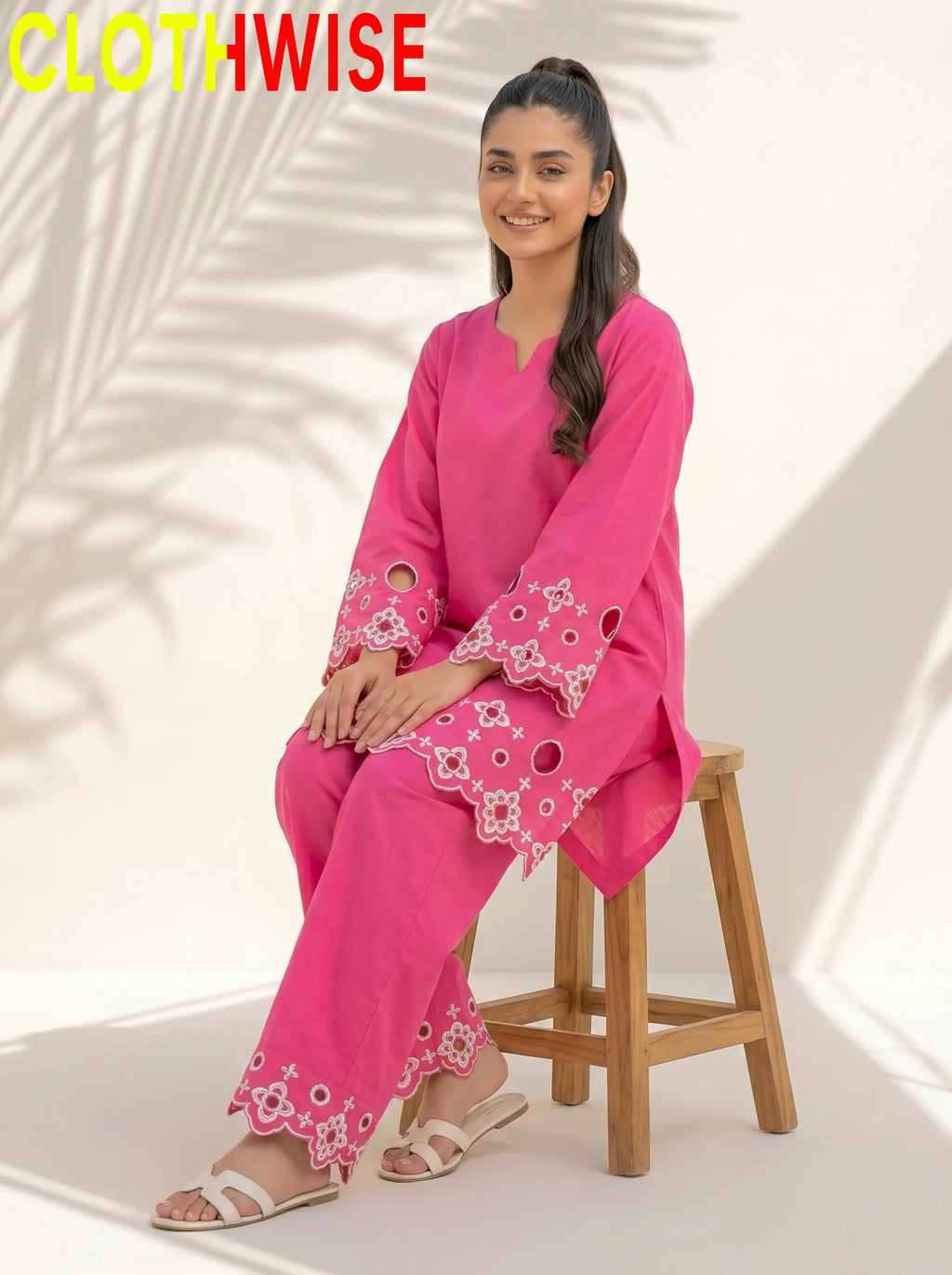 SAYA Shocking Pink Chikankari Co-Ord Set - Sitting Pose Full View