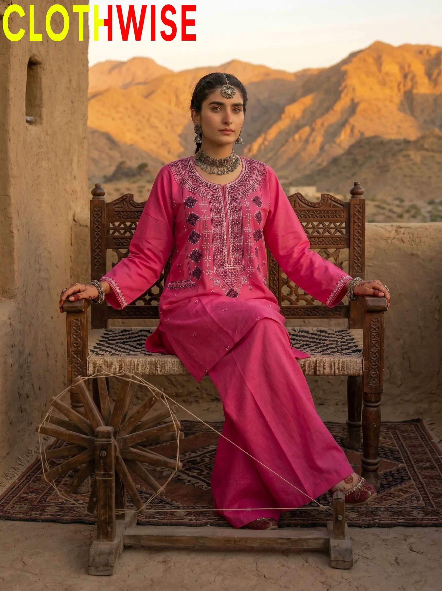 Dasht – Embroidered Top & Printed Flapper Cotton 2-Piece Suit | Shocking Pink - Pakistani Women Pret | CLOTHWISE