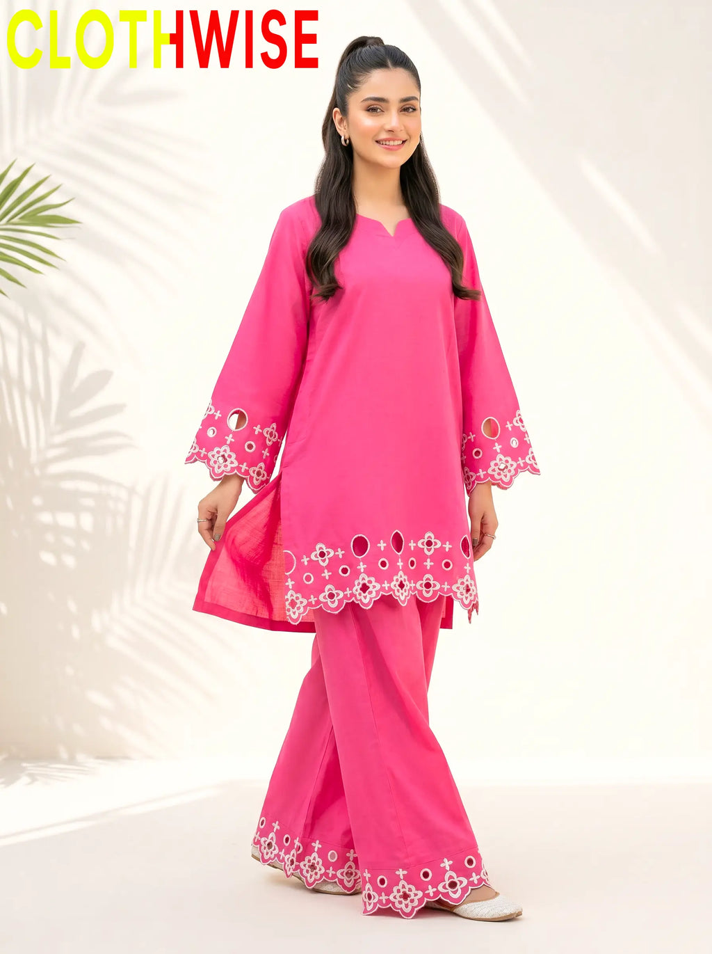 SAYA Shocking Pink Chikankari 2-Piece Co-Ord Set - Standing View