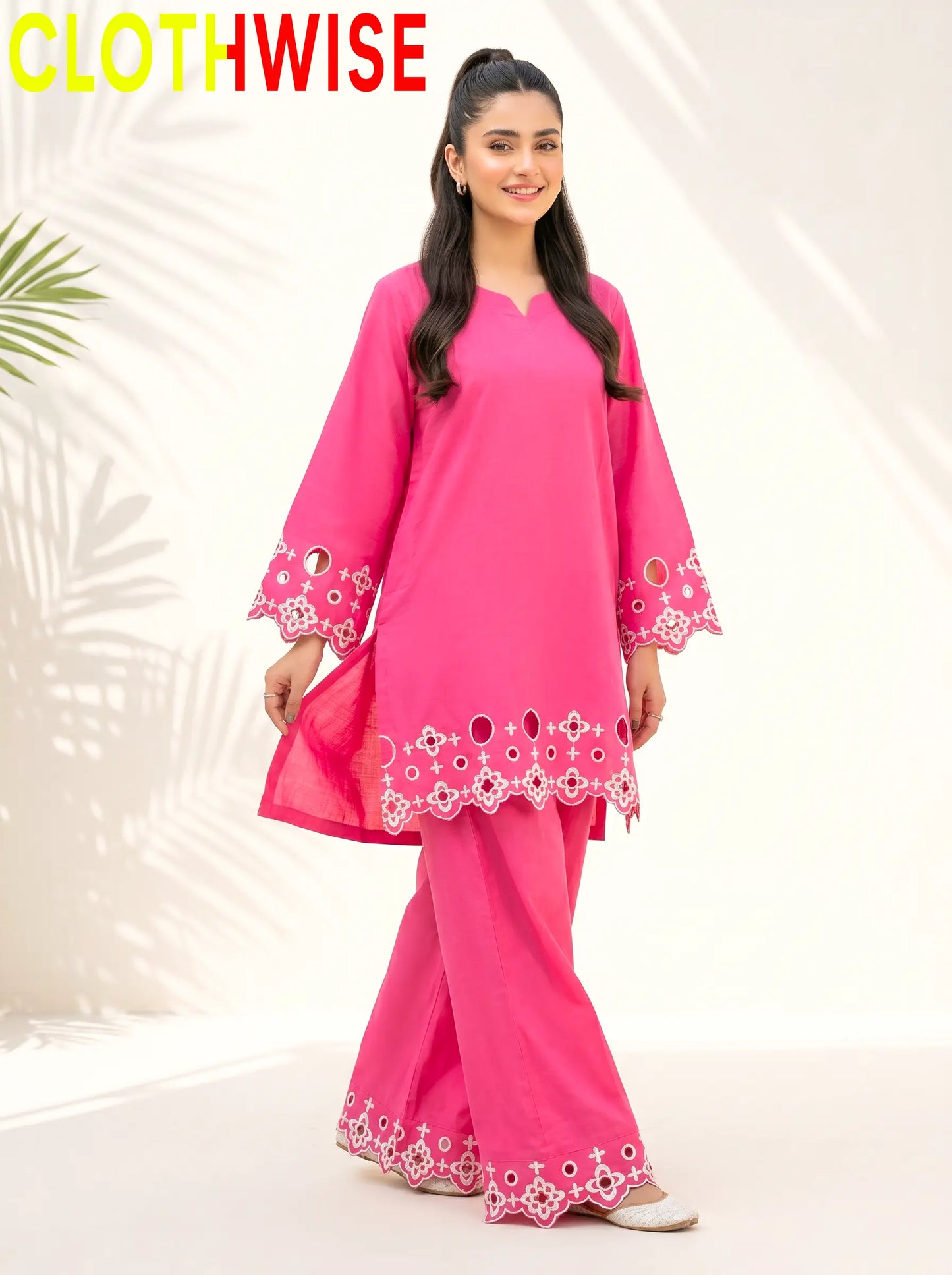 SAYA | Shocking Pink Chikankari Co-Ord Set | 2-Piece Stitched Cotton Suit - Pakistani Women Pret | CLOTHWISE