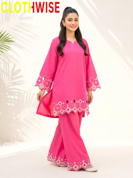 SAYA | Shocking Pink Chikankari Co-Ord Set | 2-Piece Stitched Cotton Suit - Pakistani Women Pret | CLOTHWISE