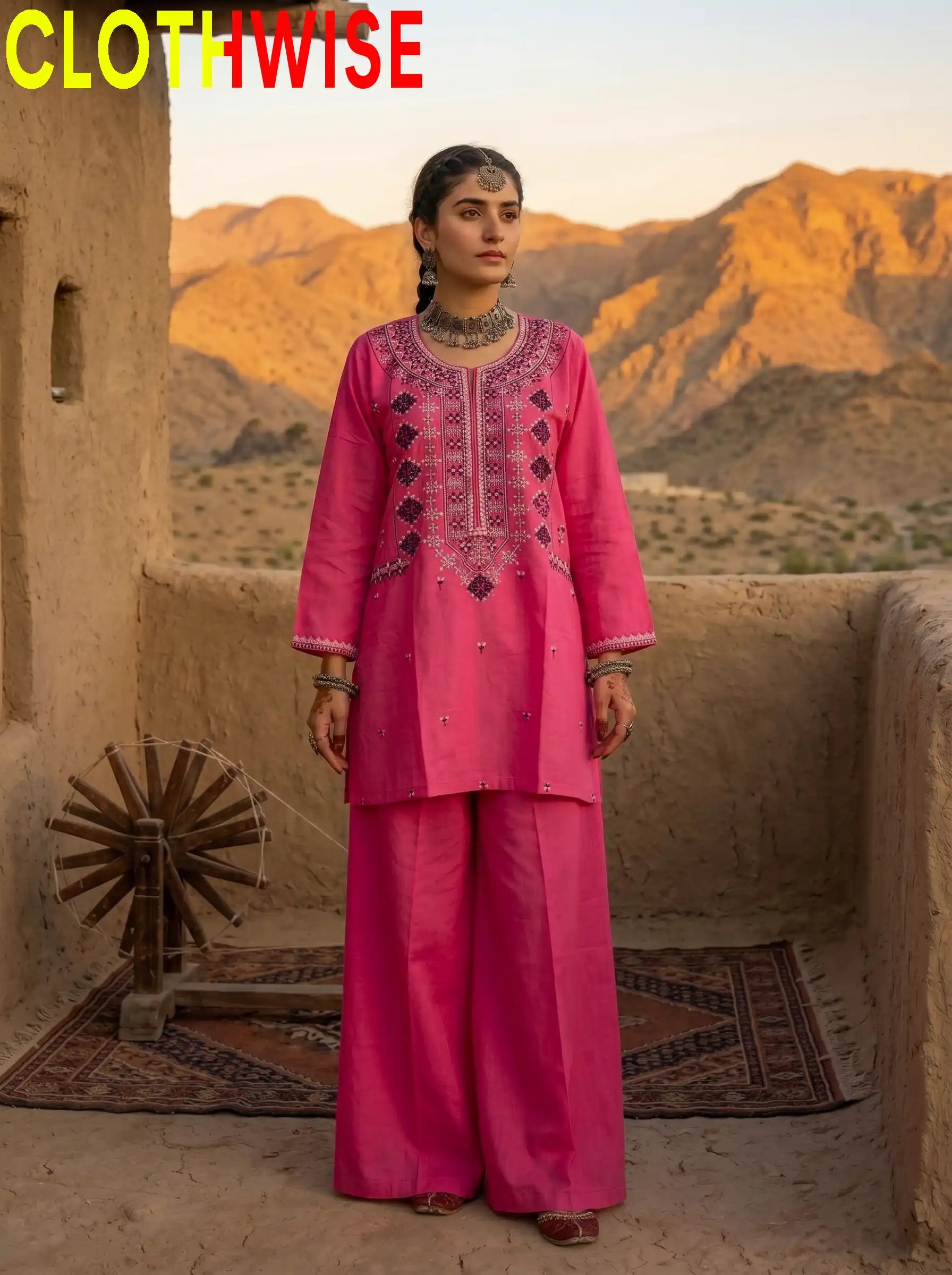 Dasht – Embroidered Top & Printed Flapper Cotton 2-Piece Suit | Shocking Pink - Pakistani Women Pret | CLOTHWISE