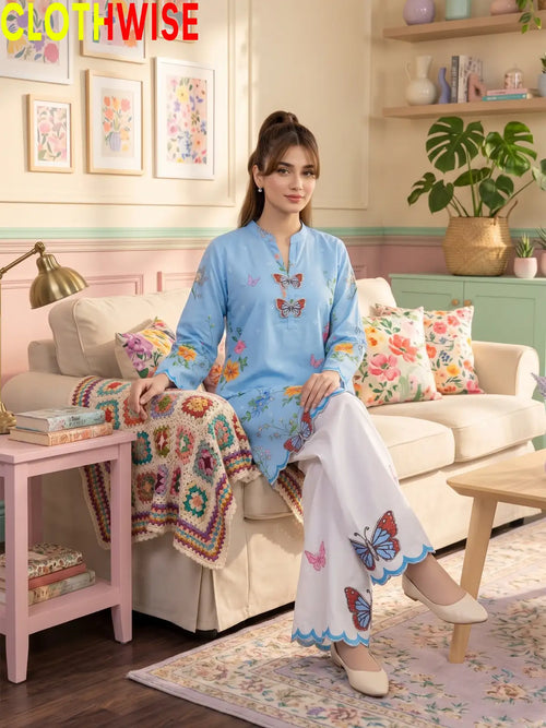 Titli - Sky Blue Floral Poly Lawn 2Pc Suit with Butterfly Patch