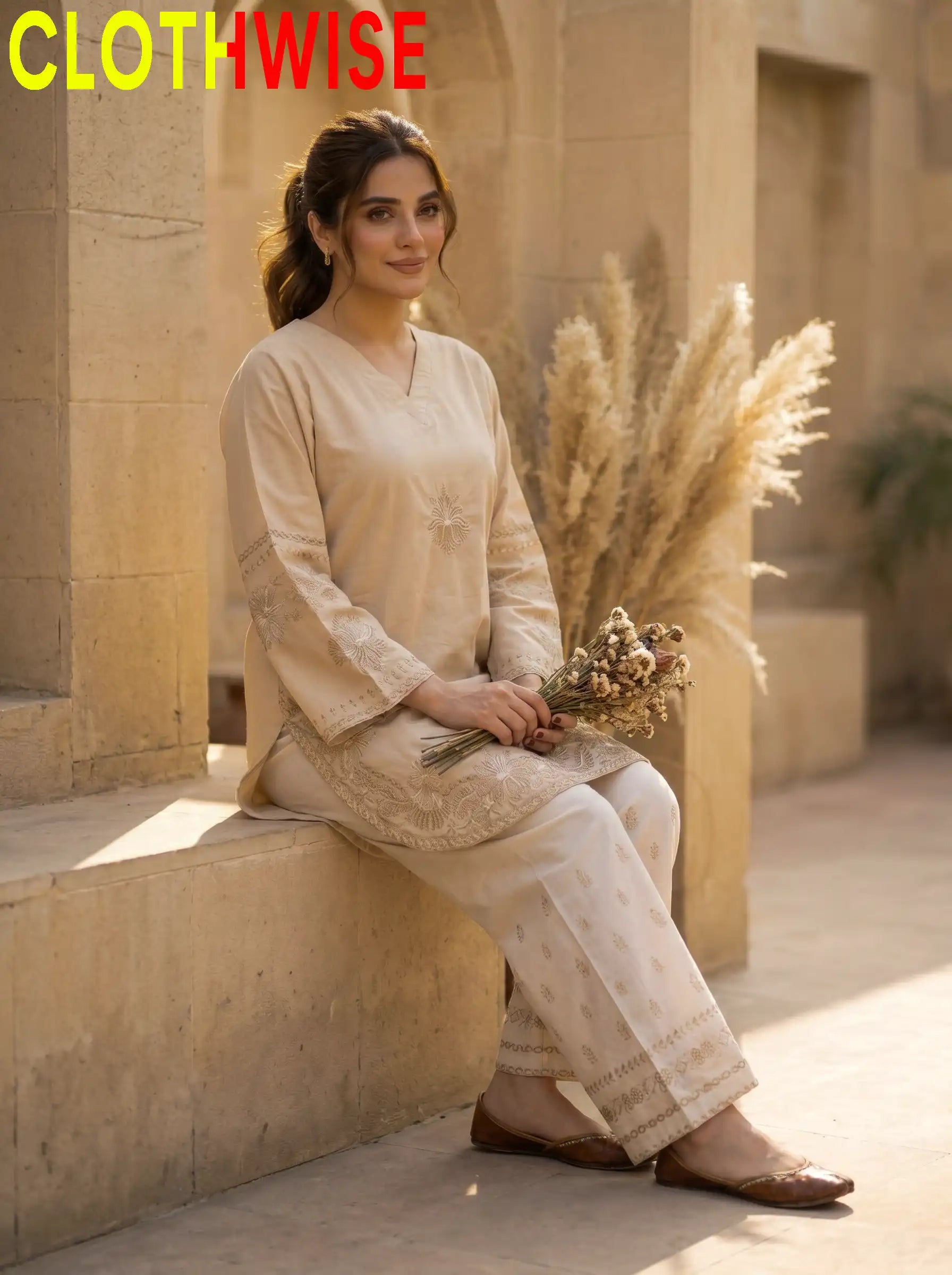 Petal Skin Cotton Stitched 2-Piece Suit Sitting View – Bottom Flapper | Clothwise