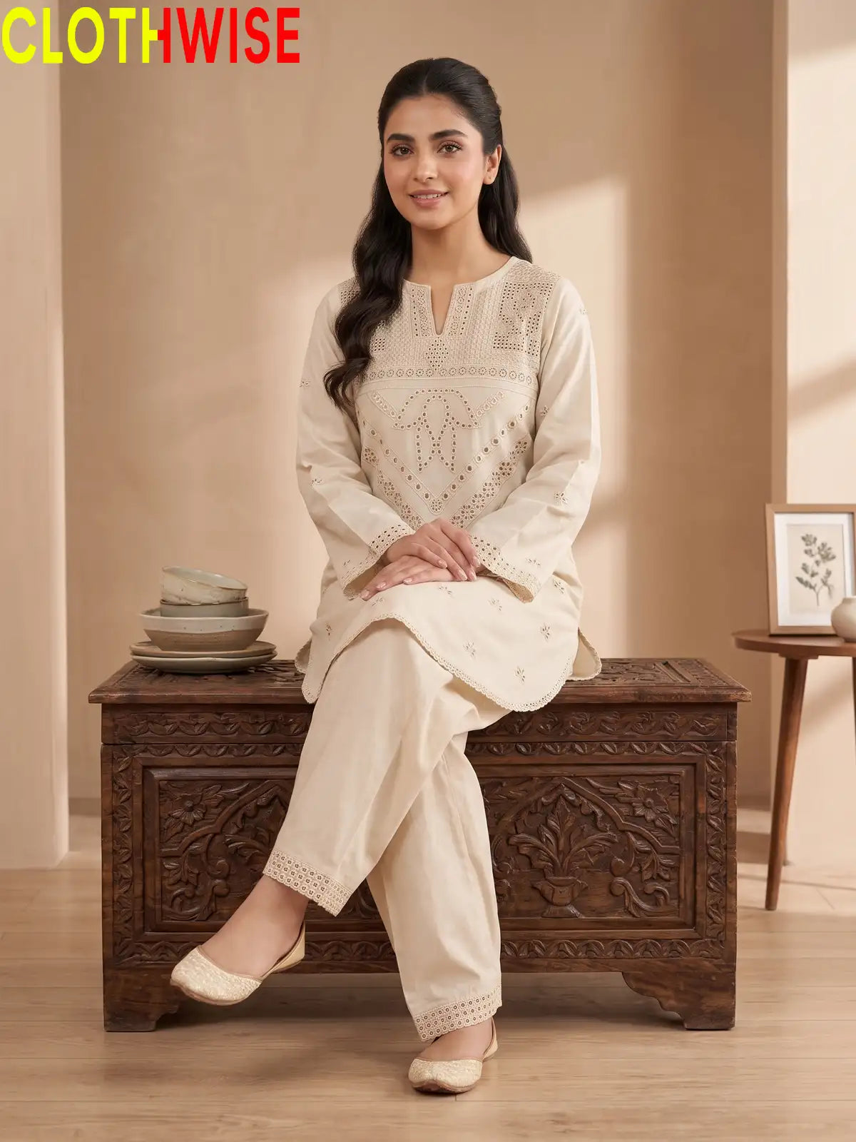 Kashish embroidered lawn 2-piece suit in Skin colour - sitting view