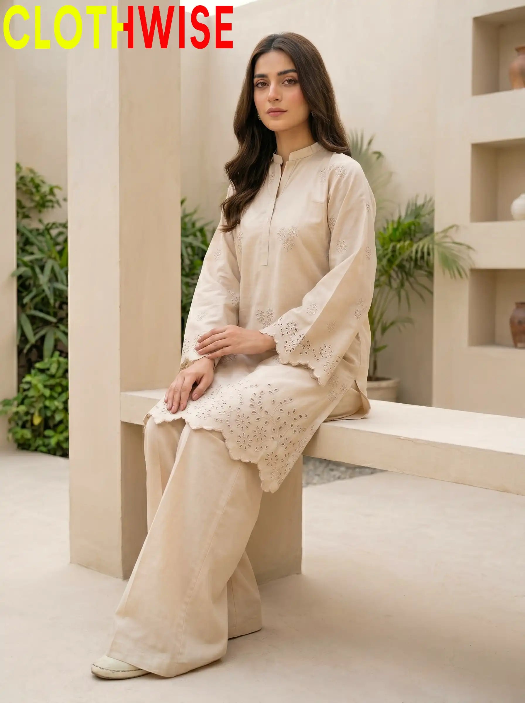Zimal Skin Chikankari 2-Piece Cotton Suit – Sitting View | Clothwise