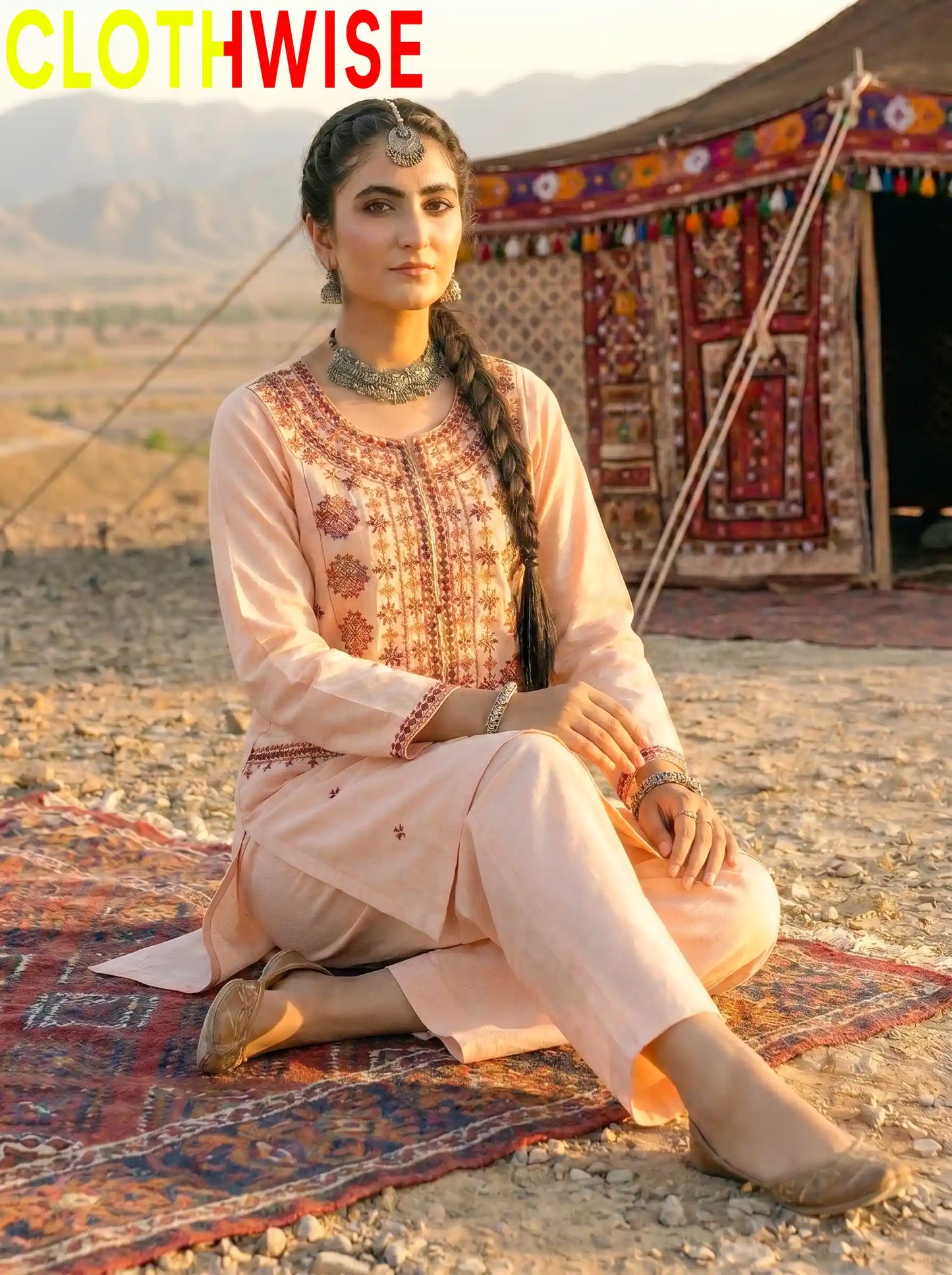 Dasht – Embroidered Top & Printed Flapper Cotton 2-Piece Suit | Skin - Pakistani Women Pret | CLOTHWISE