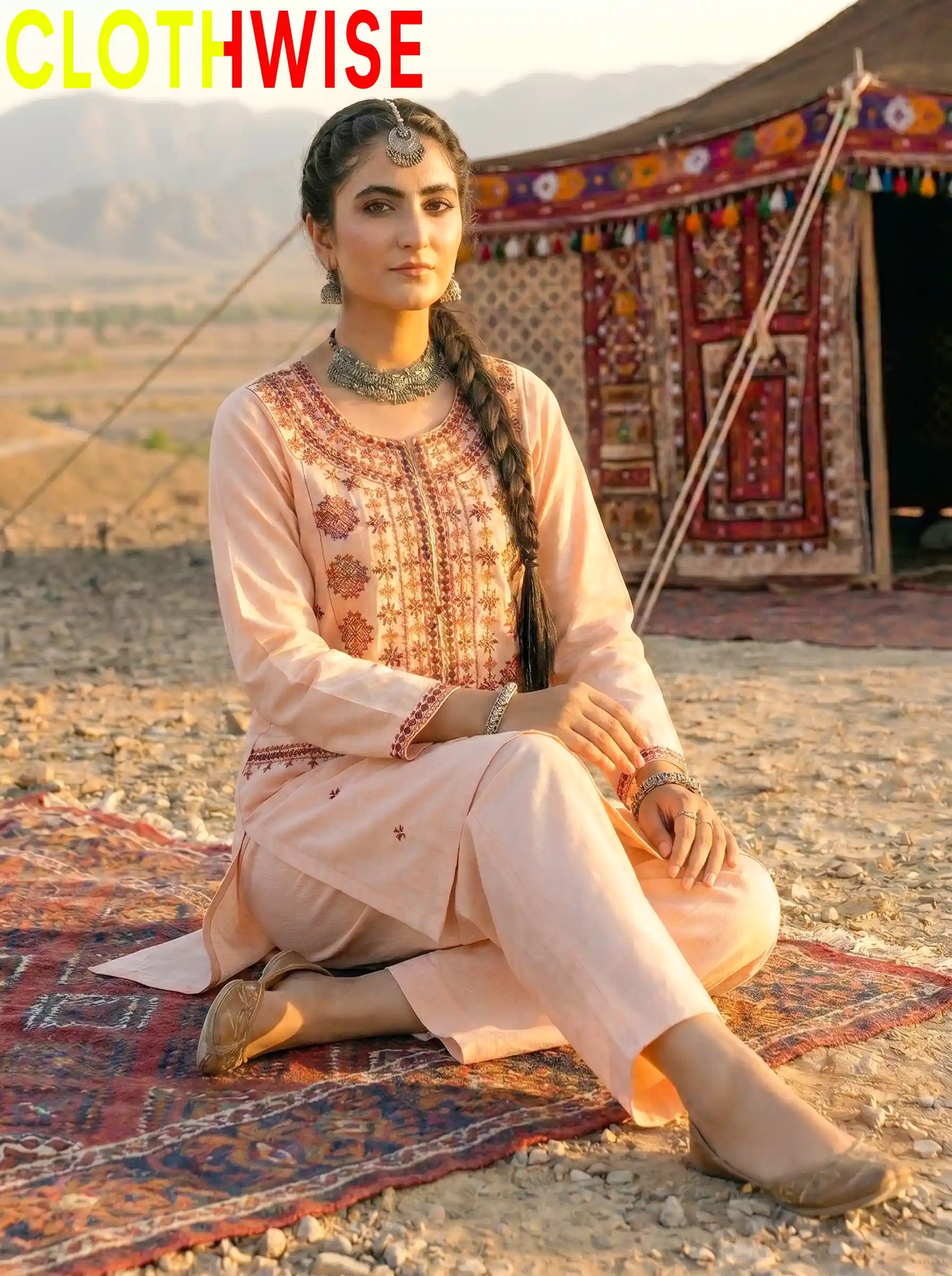 Dasht Skin Nude 2-Piece Embroidered Cotton Suit Sitting View – Clothwise