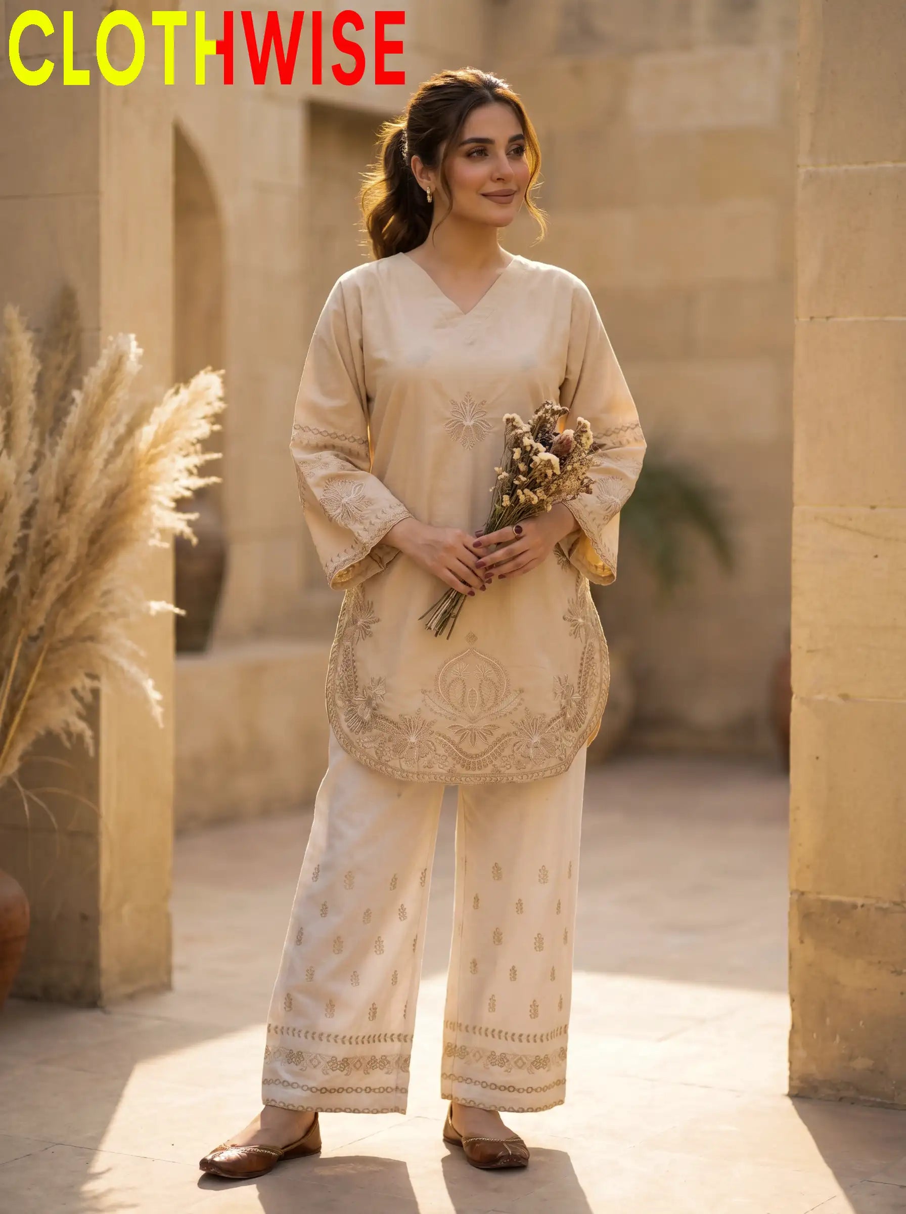Petal Skin Cotton Stitched 2-Piece Suit Standing View – Bottom Flapper | Clothwise