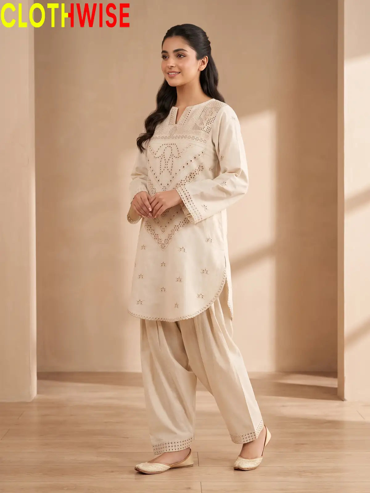 Kashish embroidered lawn 2-piece suit in Skin colour - front standing view