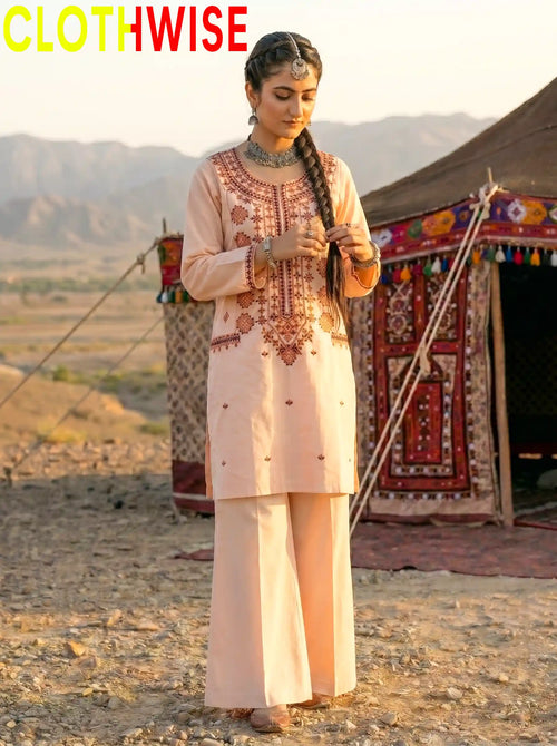 Dasht Skin Nude 2-Piece Embroidered Cotton Suit Standing View – Clothwise