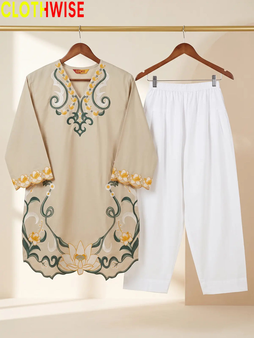 Lotus Embroidered 2 Piece Suit | Cut-Work Kurti with Shalwar for Women
