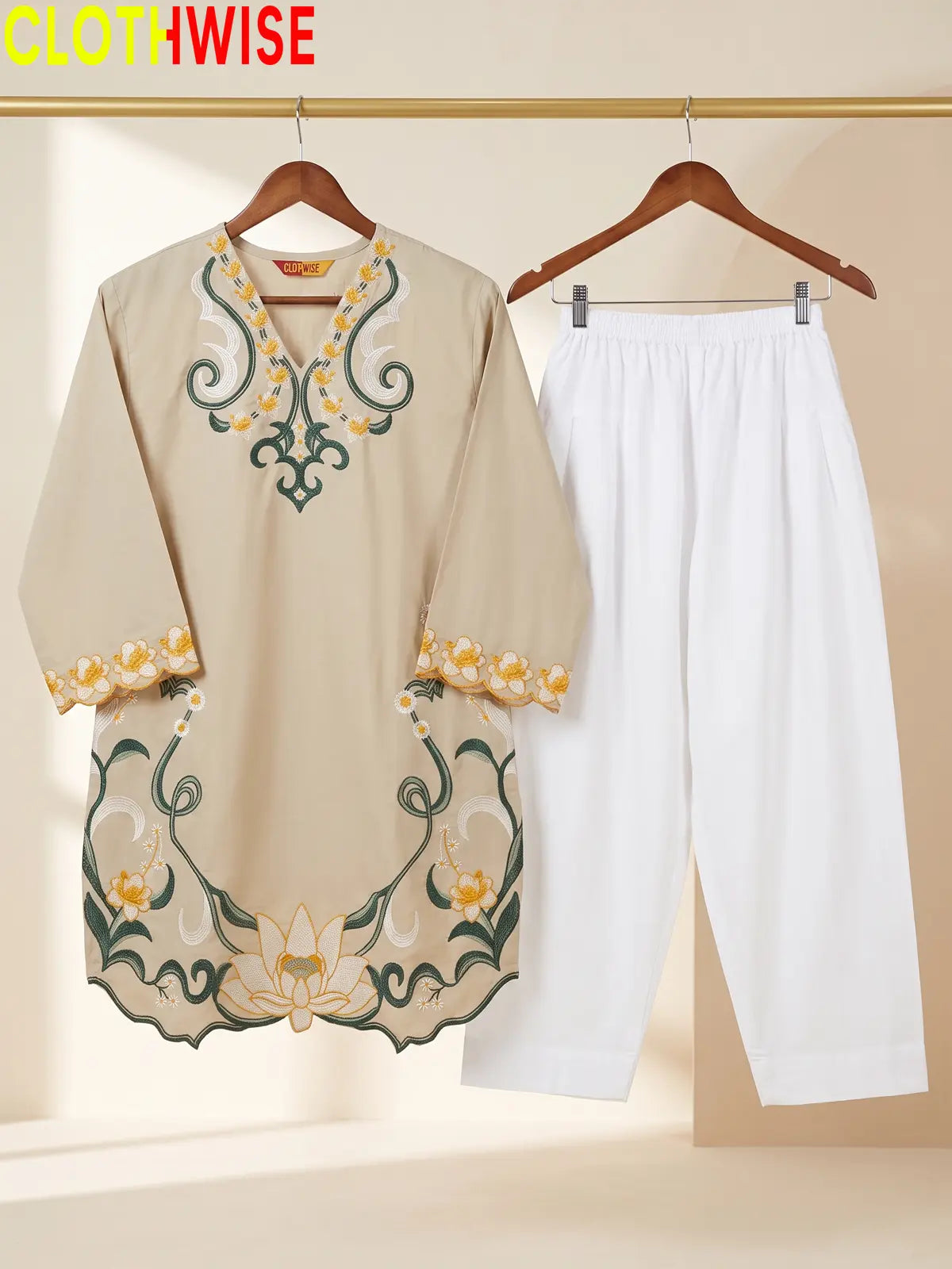 Lotus Embroidered 2 Piece Suit | Cut-Work Kurti with Shalwar for Women