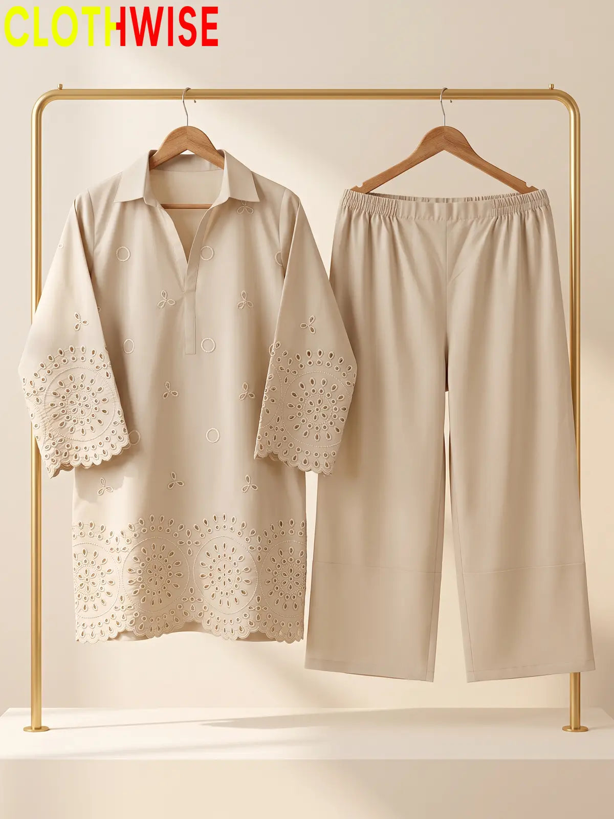 Deluxe – 2 Piece Embroidered Co-ord Set for Women | Collared Kurti with Scalloped Cutwork & Flapper