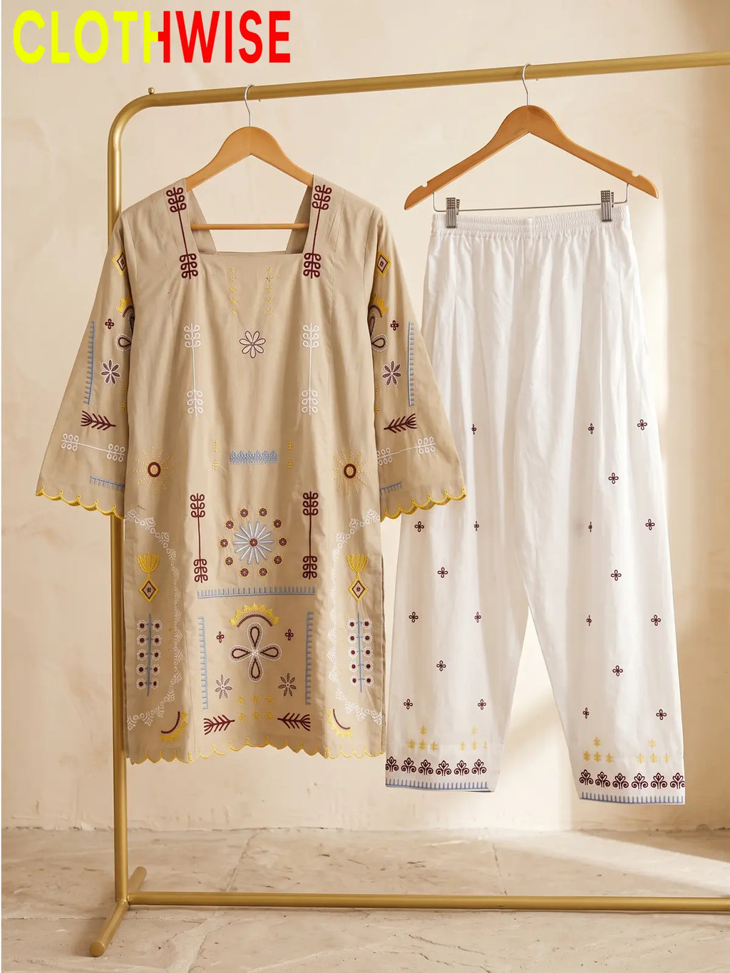 Tehzeeb | Embroidered 2-Piece Kurta Shalwar Set | Square Neck, Scalloped Hem