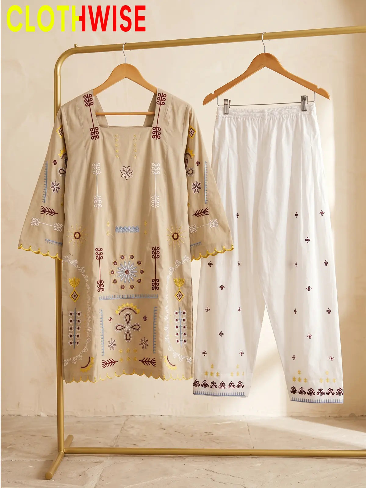 Tehzeeb | Embroidered 2-Piece Kurta Shalwar Set | Square Neck, Scalloped Hem
