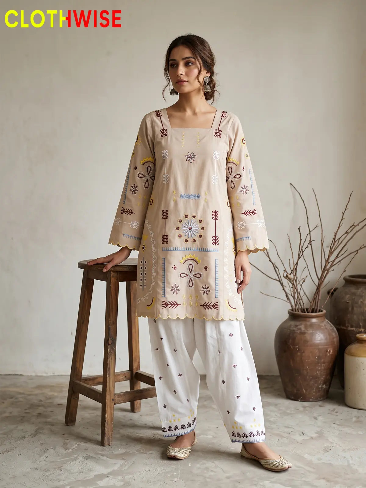 Tehzeeb | Embroidered 2-Piece Kurta Shalwar Set | Square Neck, Scalloped Hem