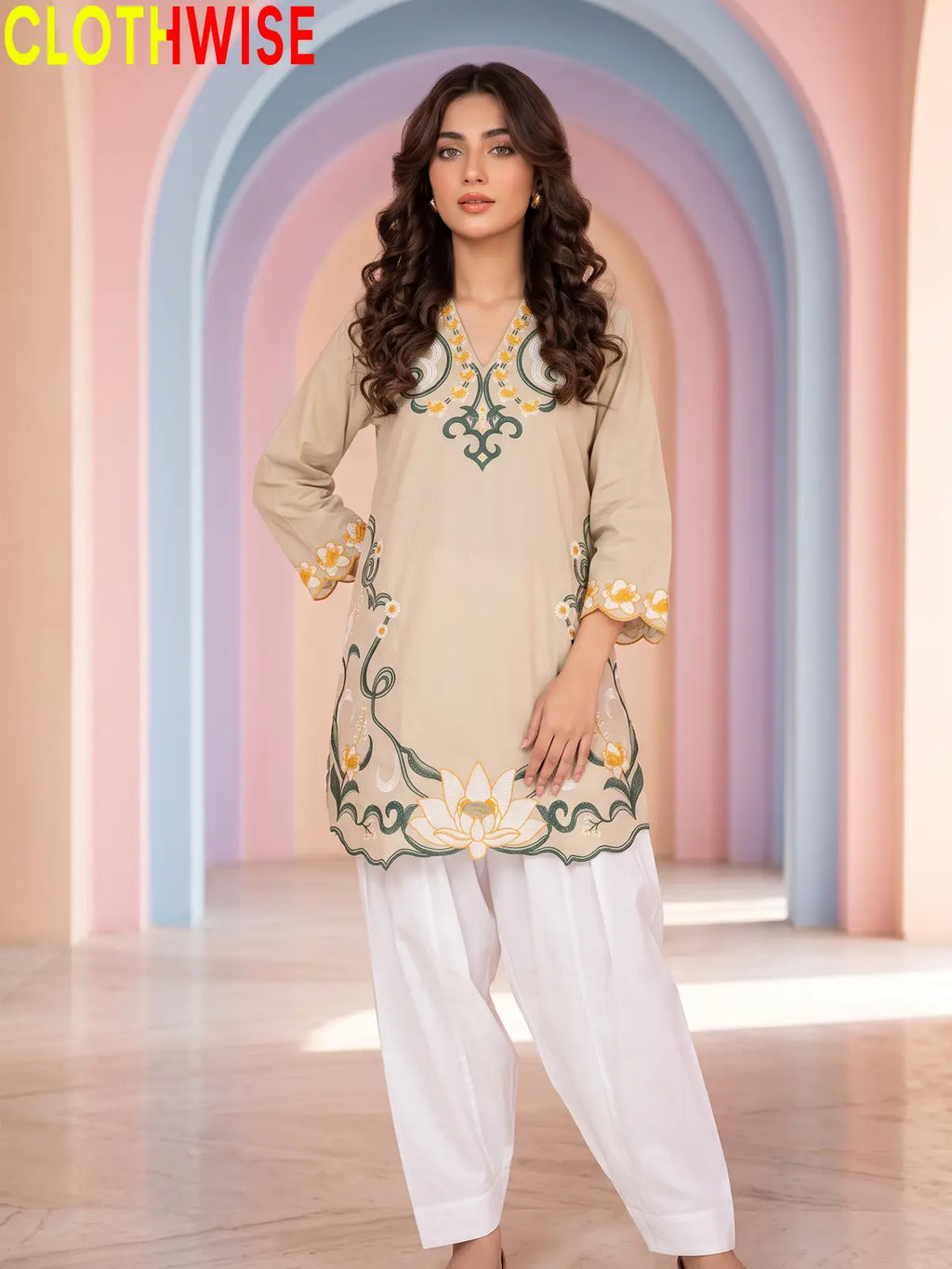 Lotus Embroidered 2 Piece Suit | Cut-Work Kurti with Shalwar for Women